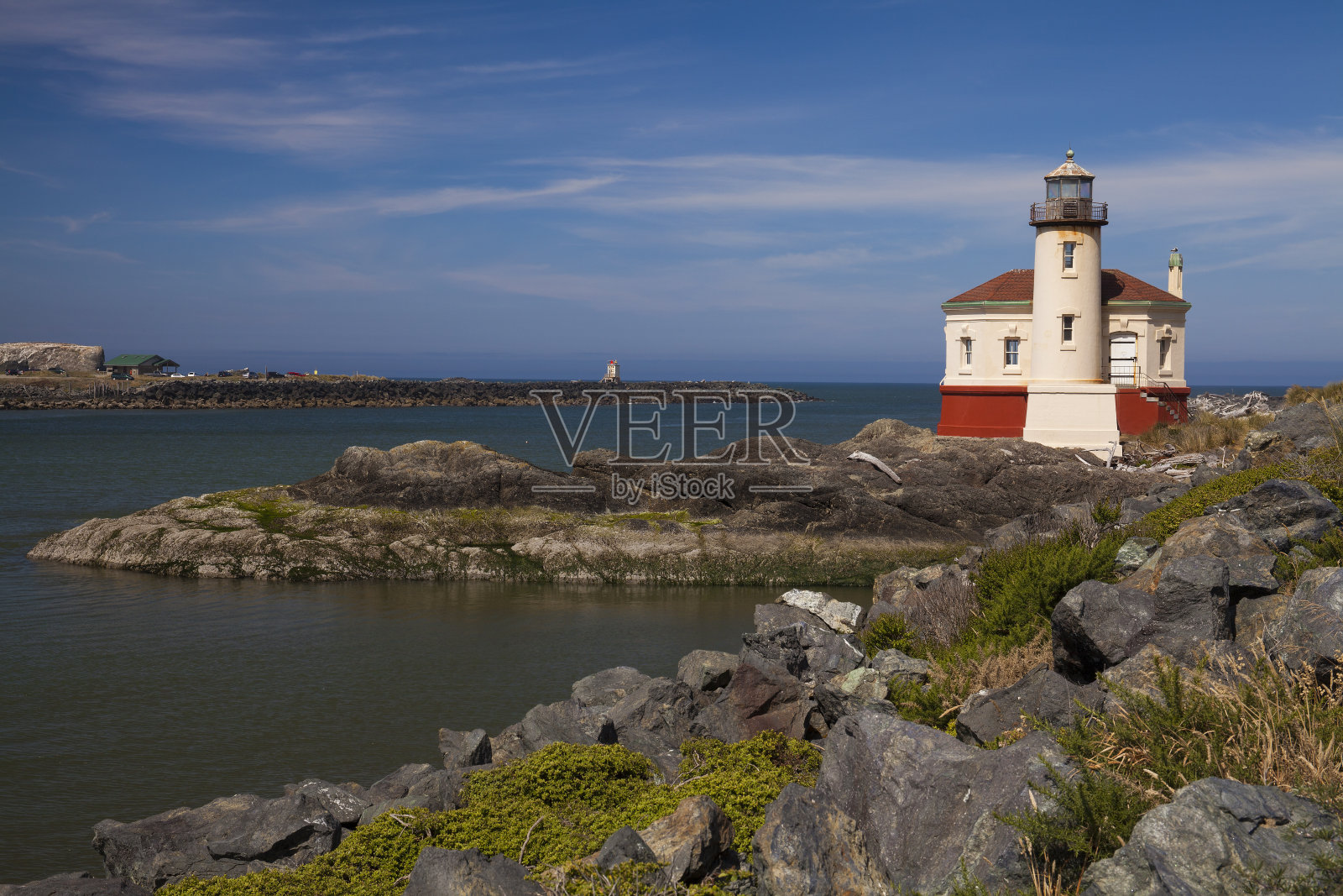 班登灯塔，位于俄勒冈州班登的Coquille河上，位于俄勒冈南部海岸。照片摄影图片