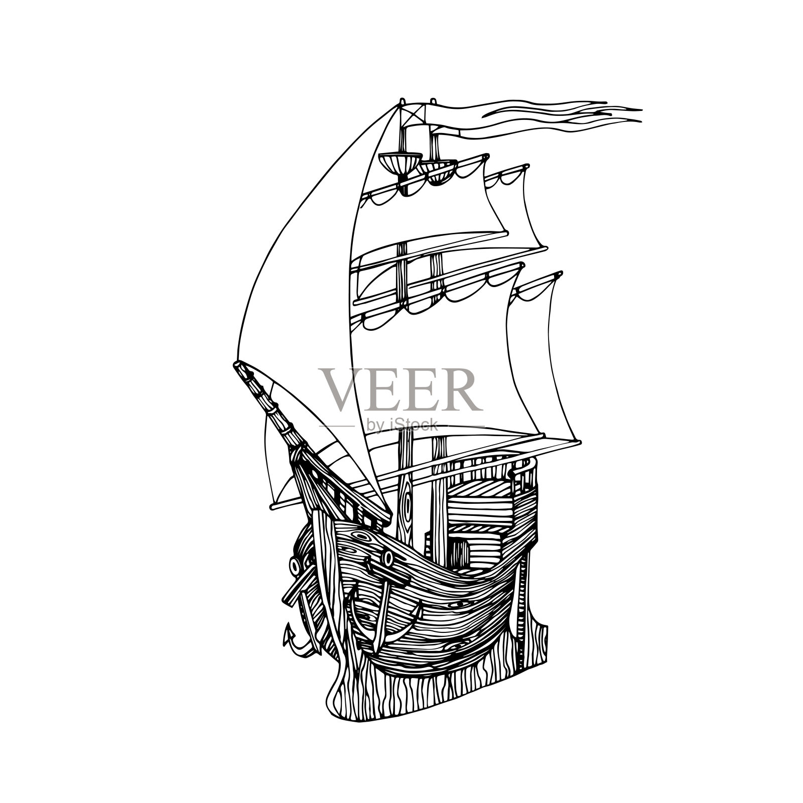 木制帆船，由带有桅杆、锚和帆的木板制成，象征着青春的梦想和浪漫插画图片素材