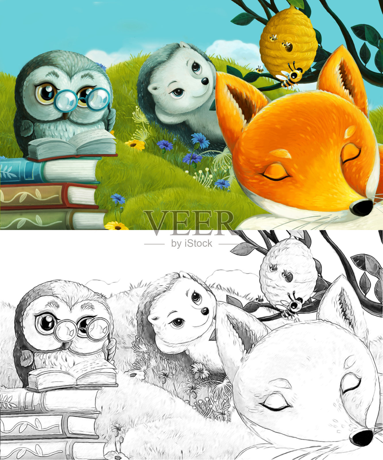 漫画与速写场景与速写森林动物在草地上-插图插画图片素材