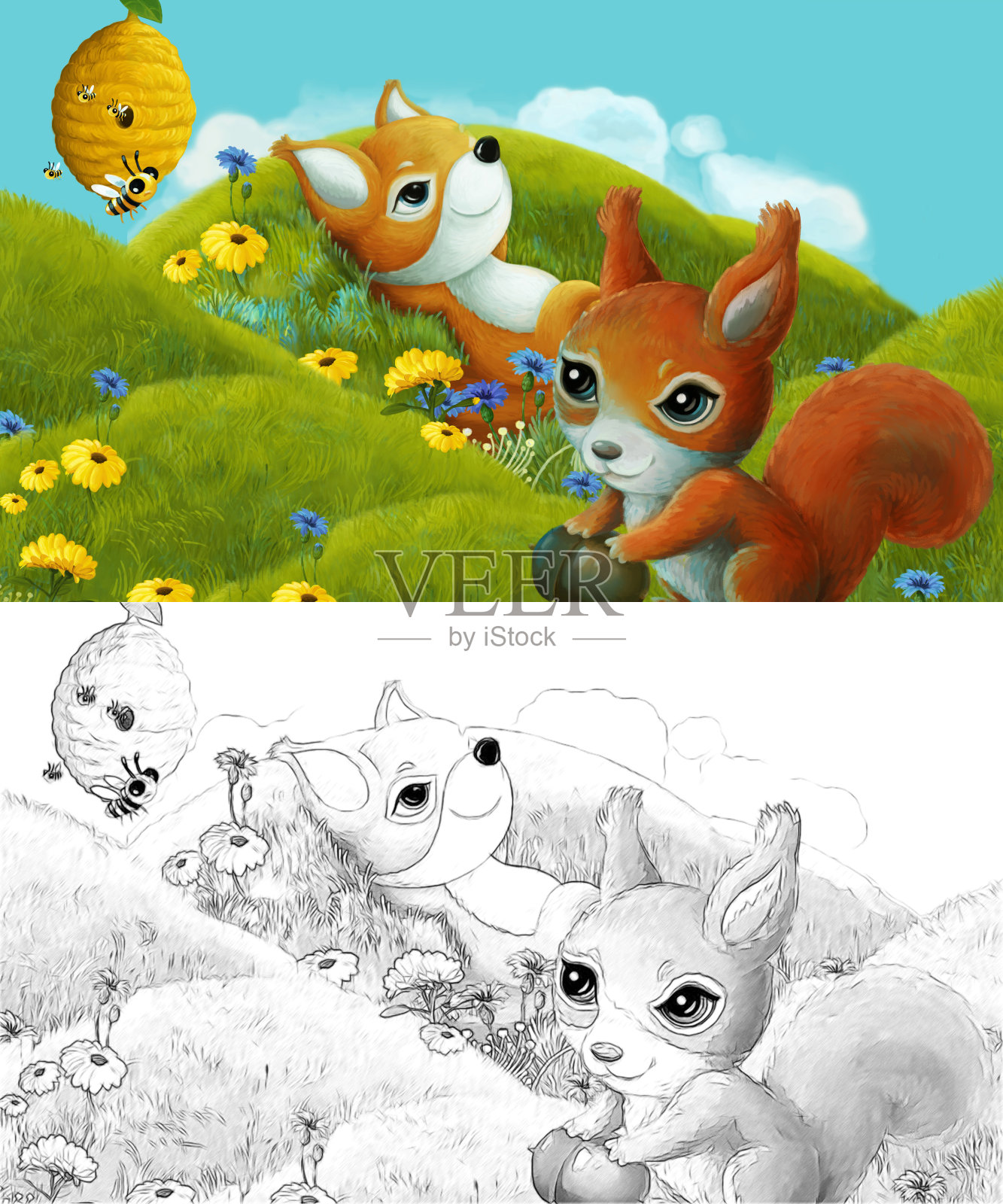 漫画与速写场景与速写森林动物在草地上-插图插画图片素材