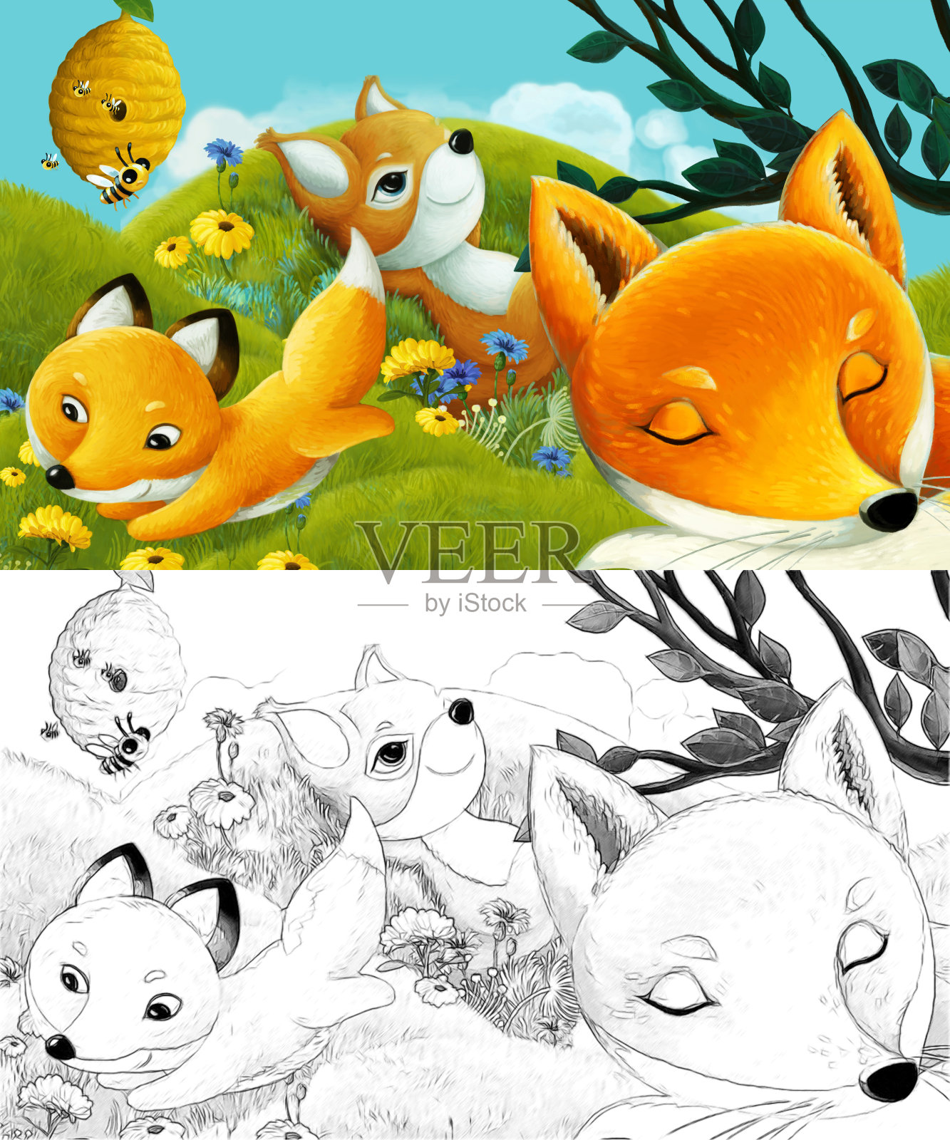 漫画与速写场景与速写森林动物在草地上-插图插画图片素材