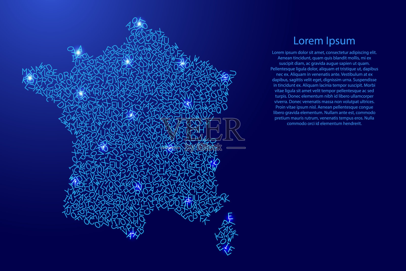 法国地图由蓝色图案拉丁字母分散字母和发光的太空星星网格组成。矢量插图。插画图片素材