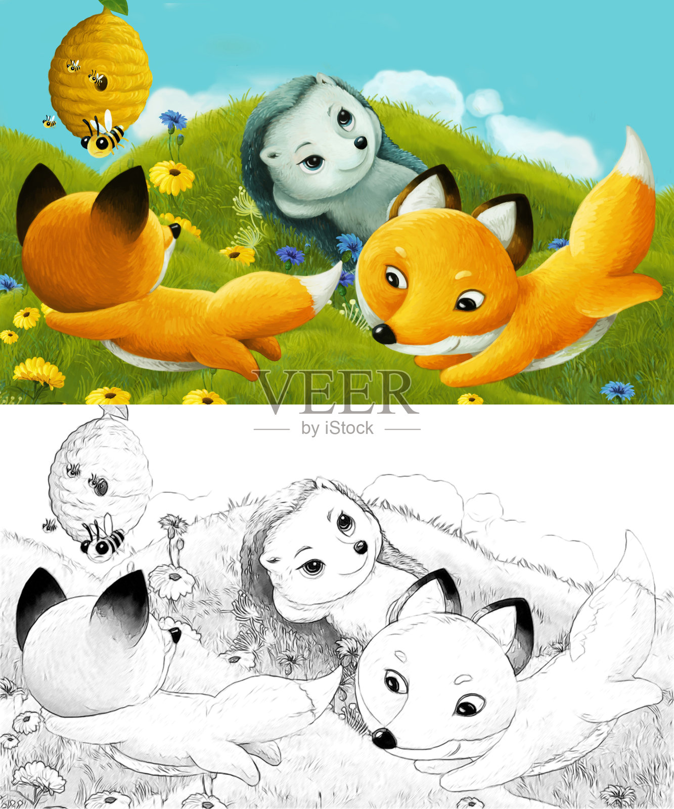 漫画与速写场景与速写森林动物在草地上-插图插画图片素材