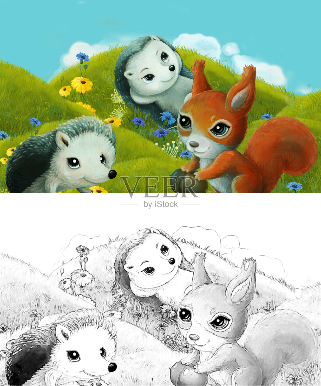 漫画与速写场景与速写森林动物在草地上-插图插画图片素材