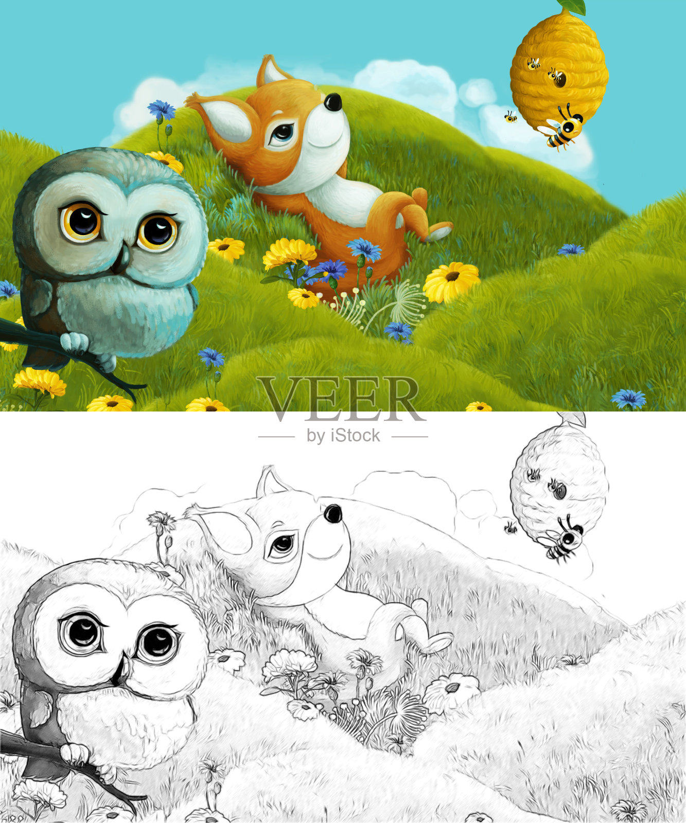 漫画与速写场景与速写森林动物在草地上-插图插画图片素材
