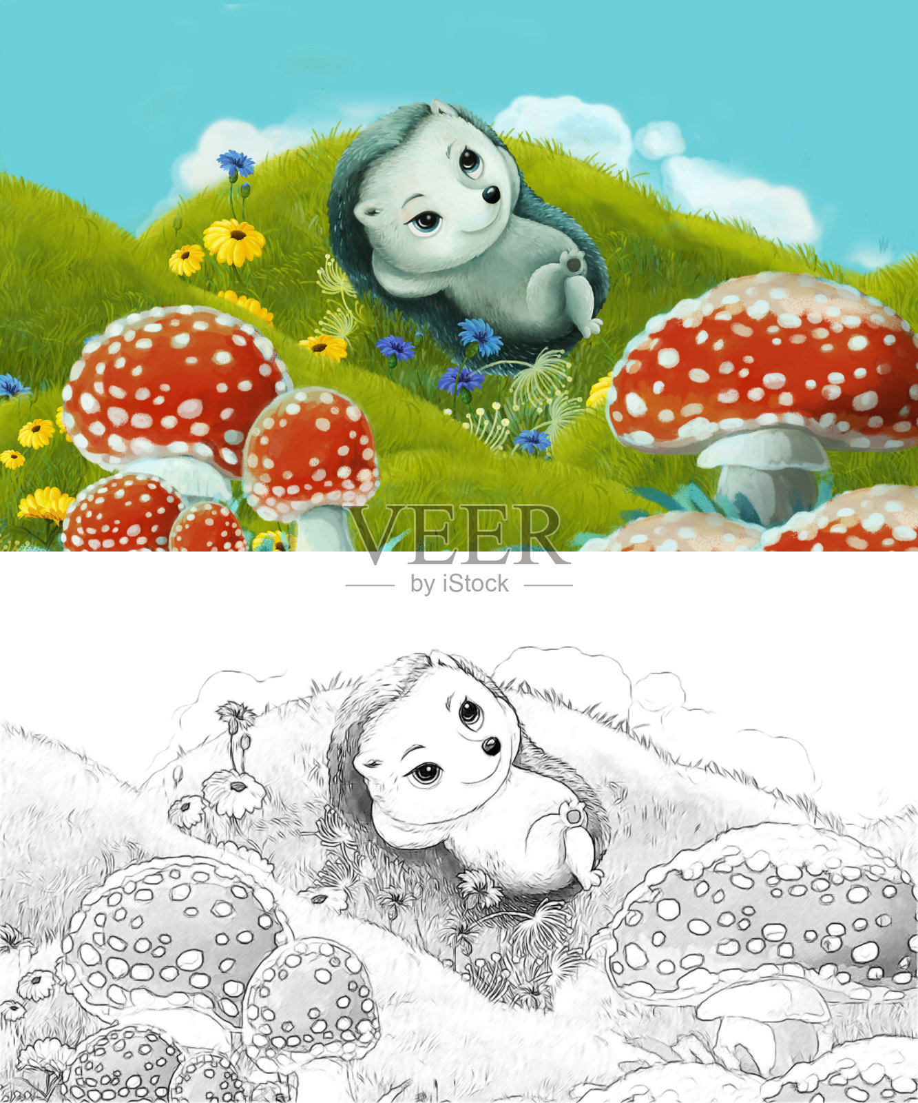 漫画与速写场景与速写森林动物在草地上-插图插画图片素材