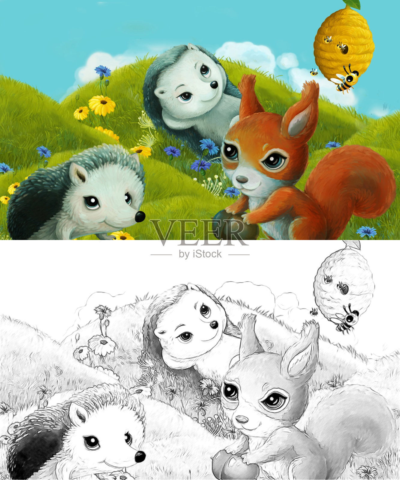 漫画与速写场景与速写森林动物在草地上-插图插画图片素材