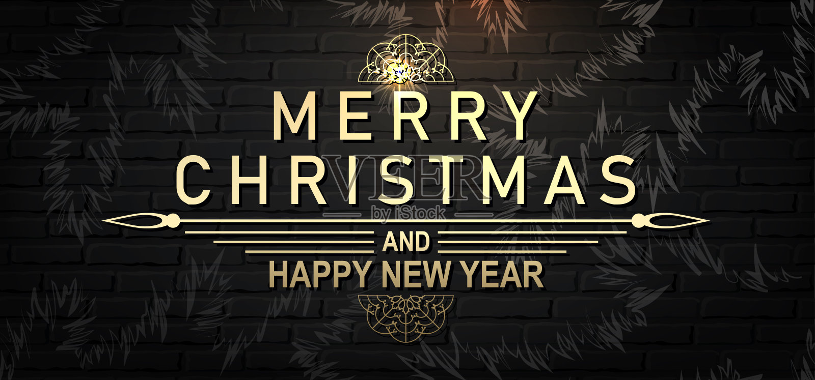 圣诞作文，砖盾，剪影抽象的杉木树枝，文字闪烁设计模板素材