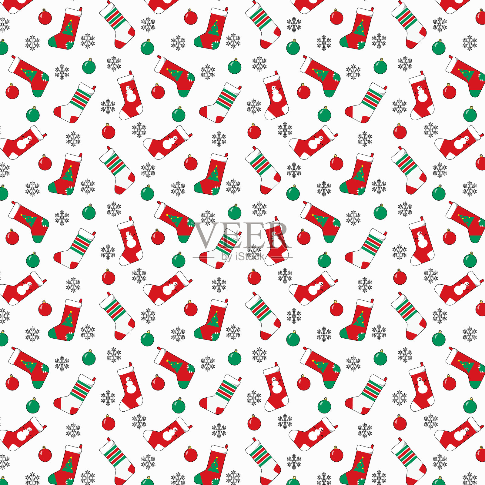 无缝图案的圣诞袜红绿白球和雪花。节日装饰包装剪贴簿纸。股票矢量简单的平面插图孤立在透明的背景插画图片素材