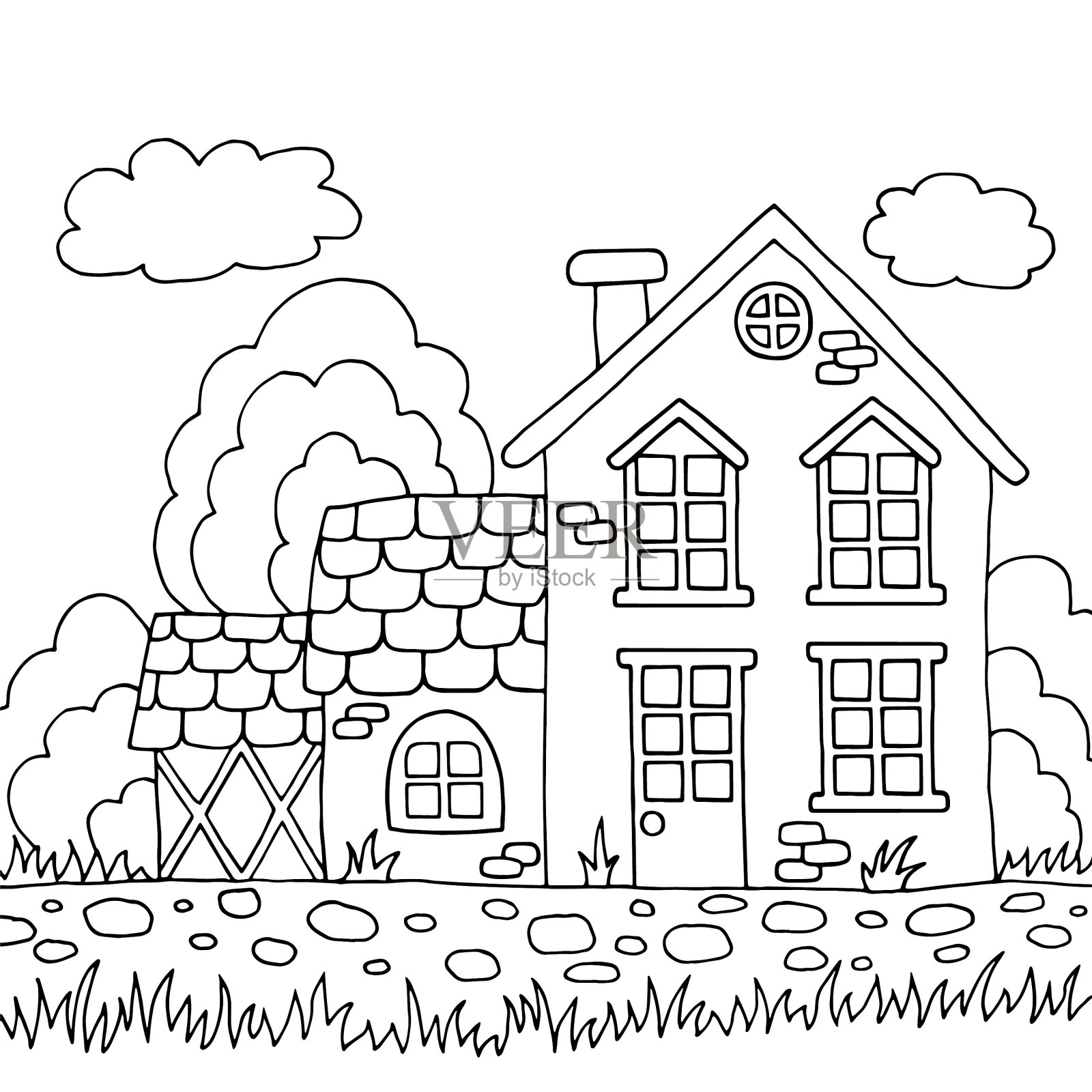 可爱的老房子涂色页插画图片素材