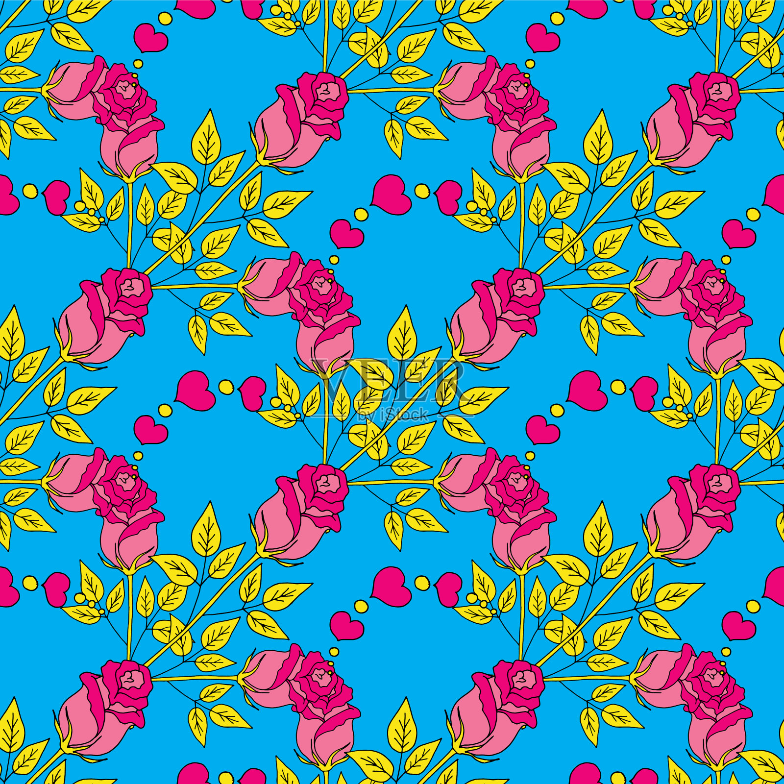 情人节无缝图案玫瑰和心形插画图片素材