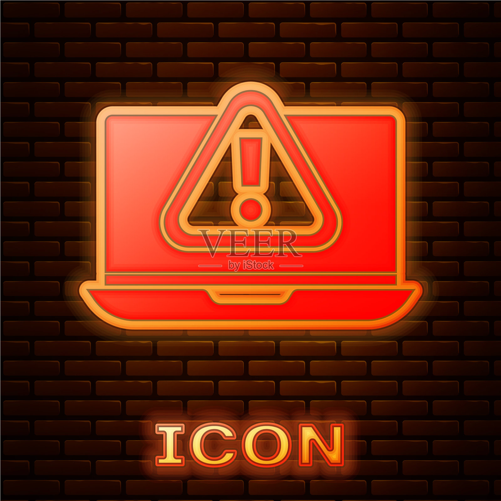 发光霓虹灯笔记本电脑与感叹号图标图标素材