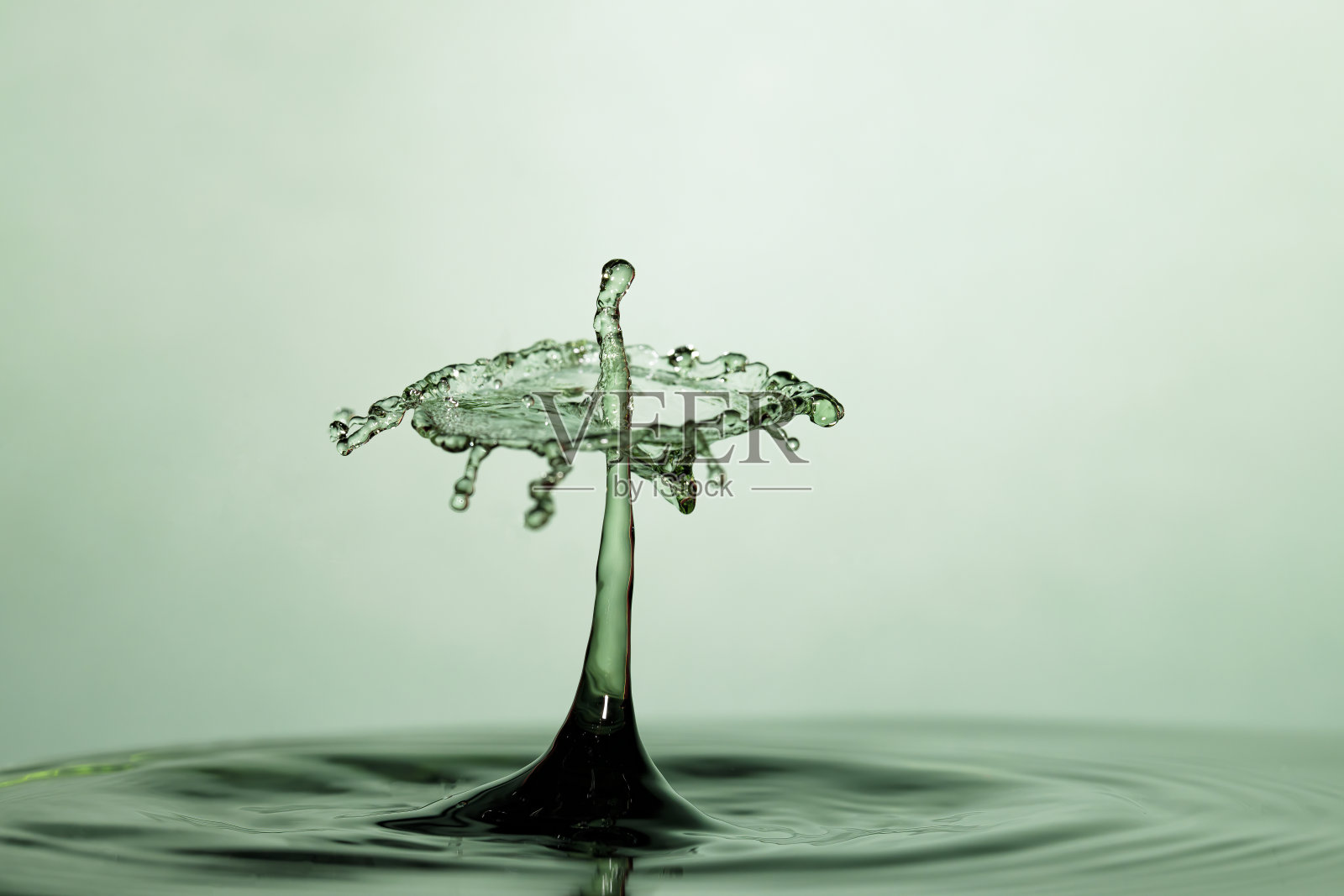 水滴碰撞形成水冠，绿色背景，平静纯净的概念照片摄影图片
