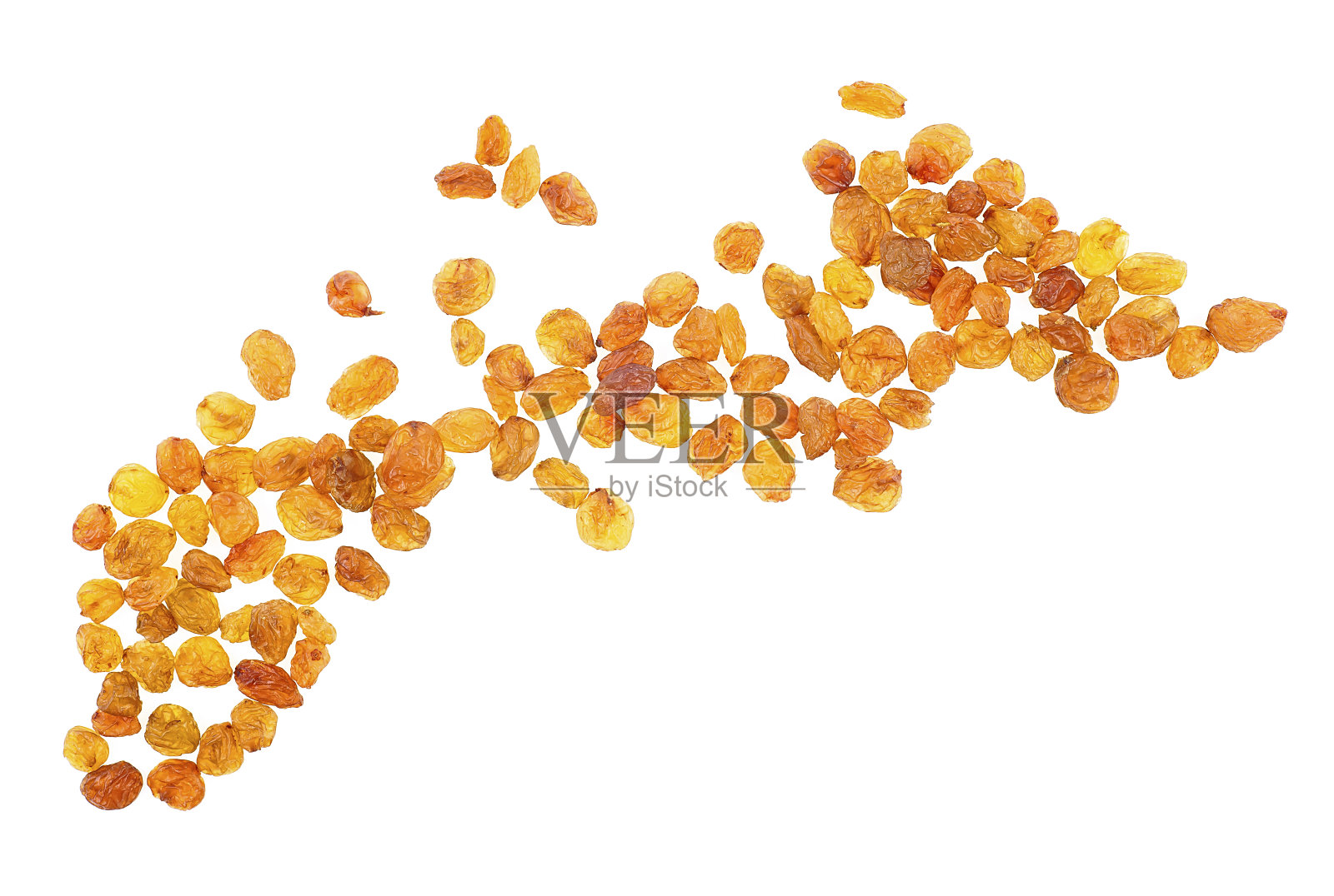 黄色葡萄干孤立在白色背景，俯视图。金色的葡萄干。照片摄影图片