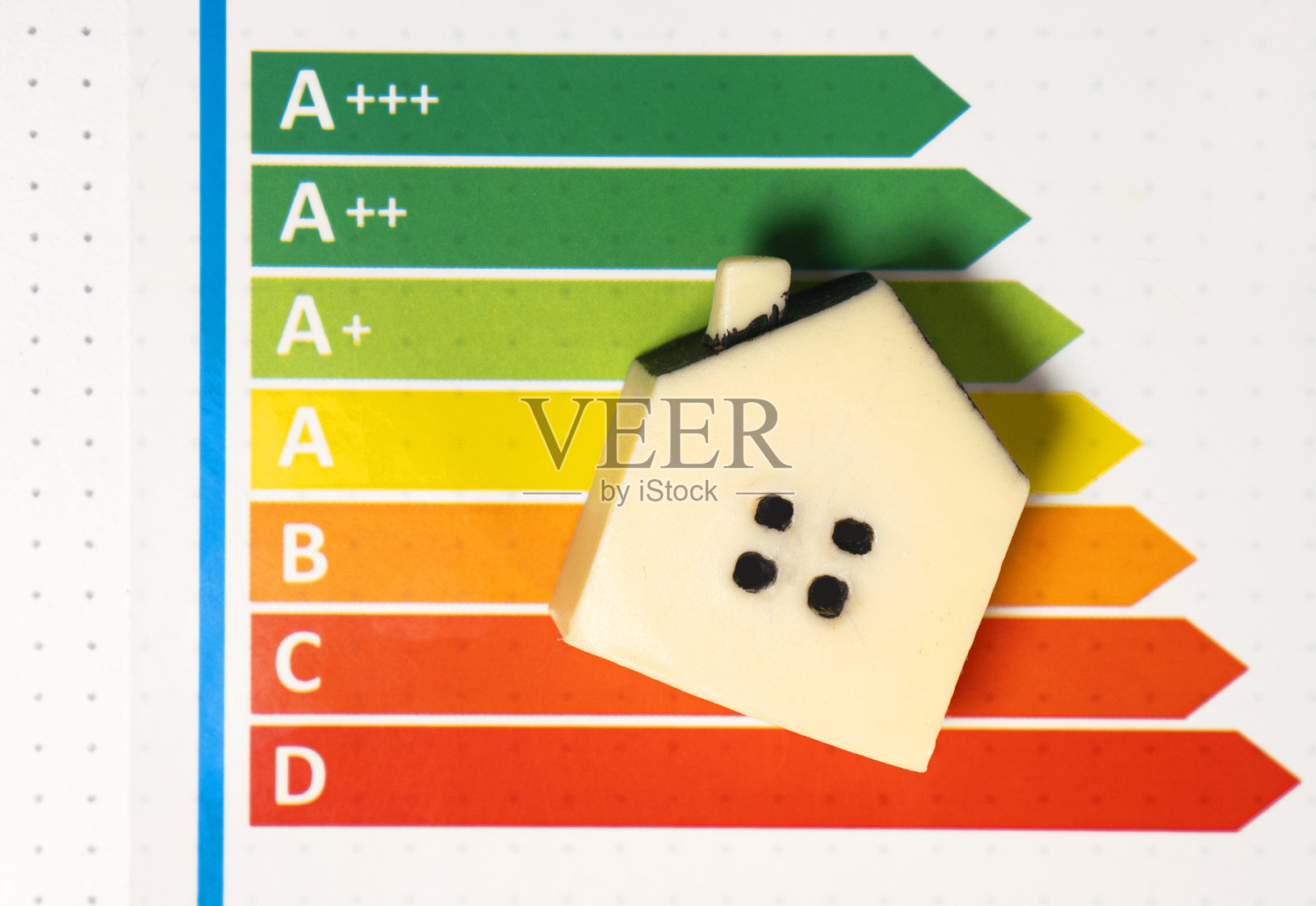 住宅建筑中的节能高效概念。玩具小屋躺在节能标志上。节约能源的想法。照片摄影图片