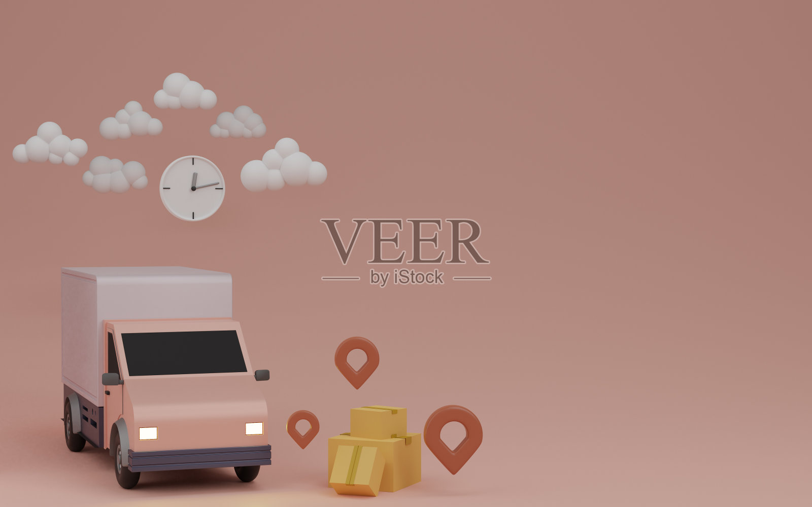送货上门的服务理念。送货车，棕色盒子包裹和别针。3 d渲染。照片摄影图片