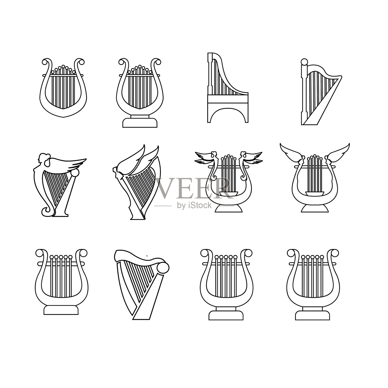集豪华经典竖琴类型和造型线条轮廓矢量图标设计孤立的背景插画图片素材