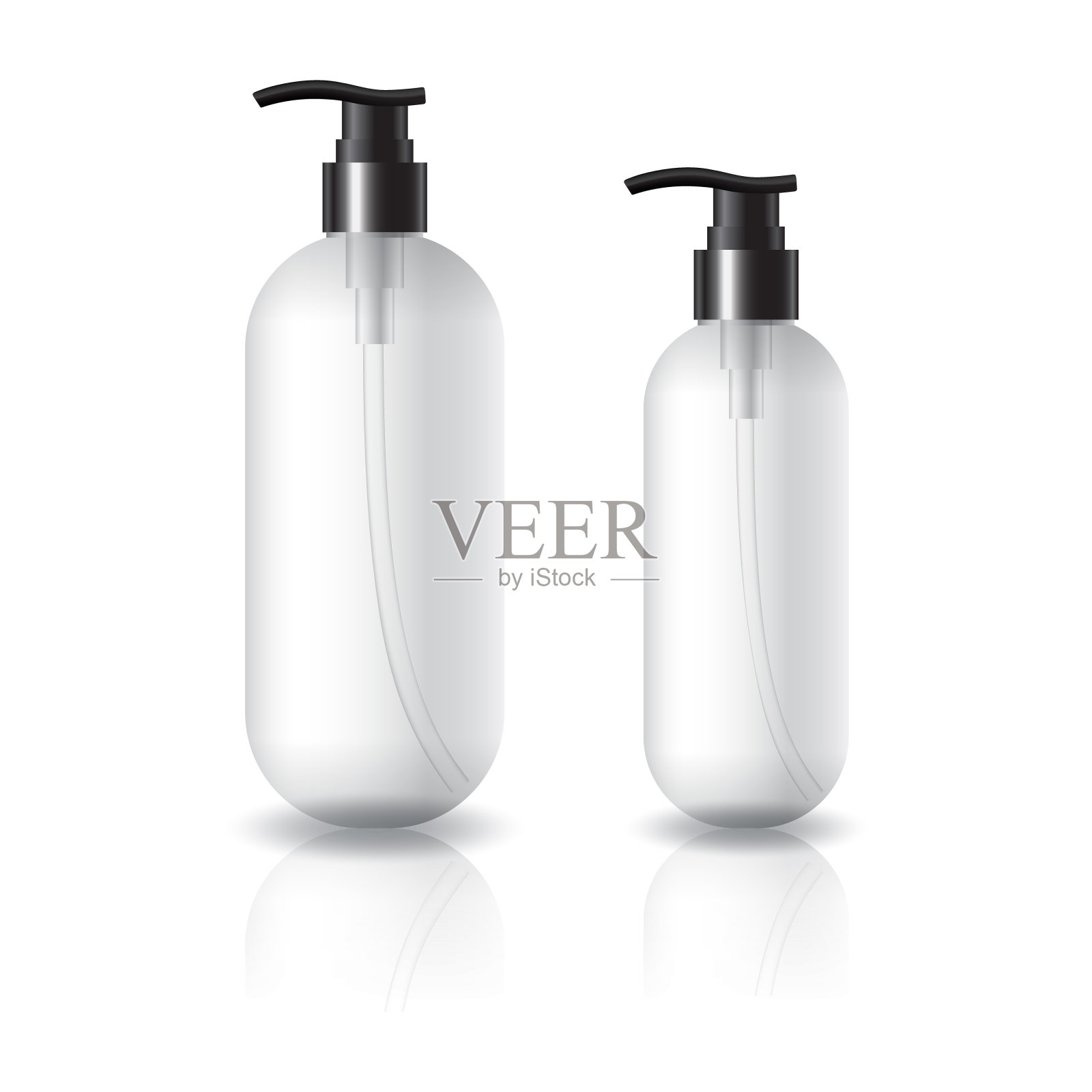 2个大小的透明椭圆形圆形化妆品瓶与黑色泵头美容或健康产品。插画图片素材