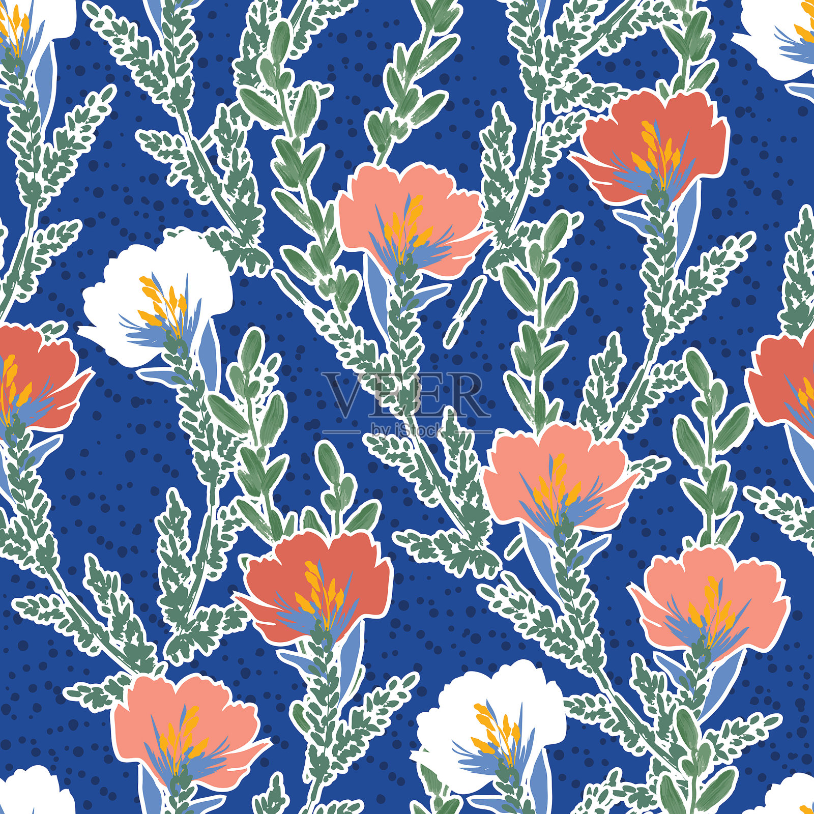 美丽的无缝重复图案与手绘盛开的花朵在绿叶上电蓝色点纹理背景。设计时装，织物，纺织品，墙纸，封面，网，包装插画图片素材