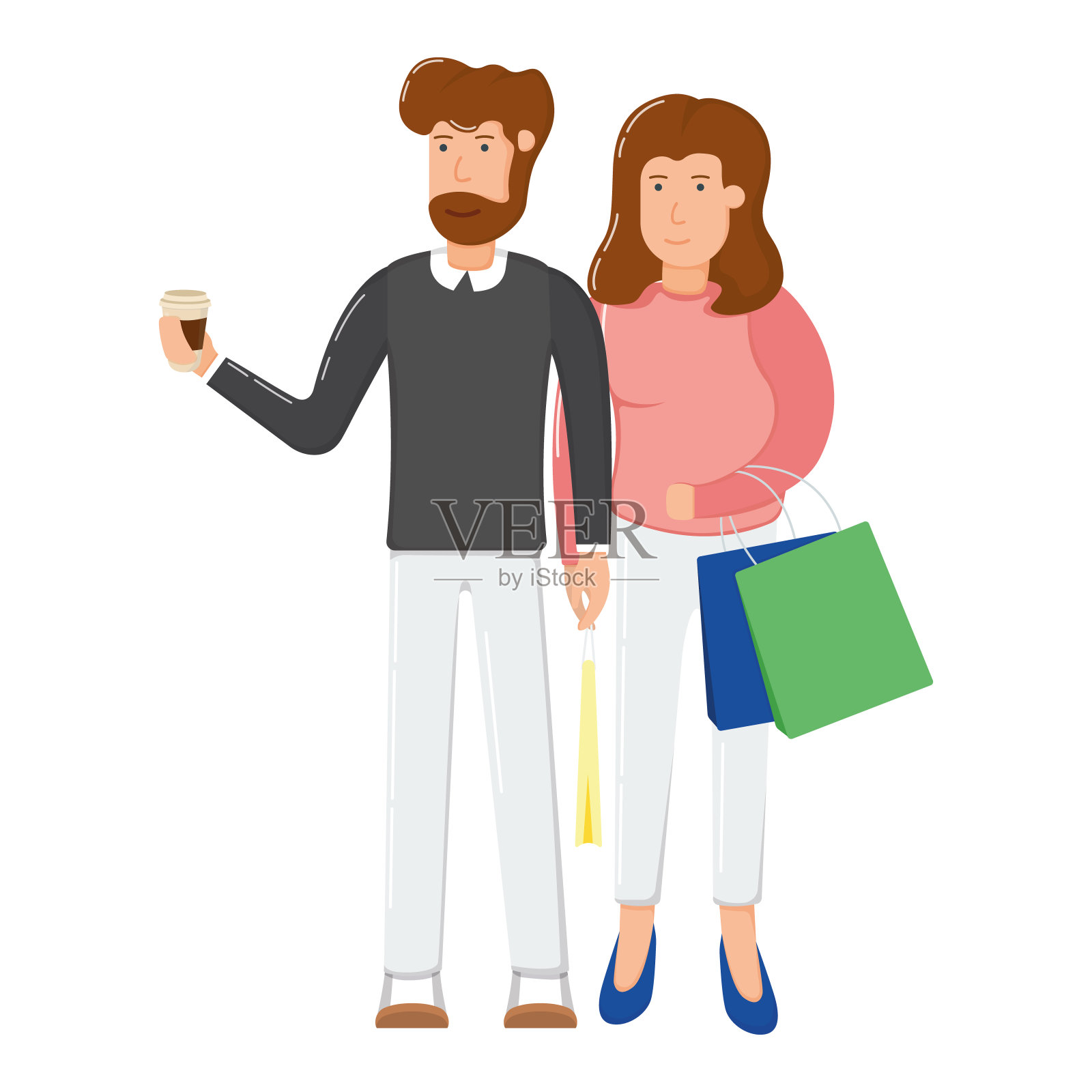 可爱的男女人物抱购物袋包装，圣诞快乐购买礼品卡通矢量插图，孤立上白色。插画图片素材