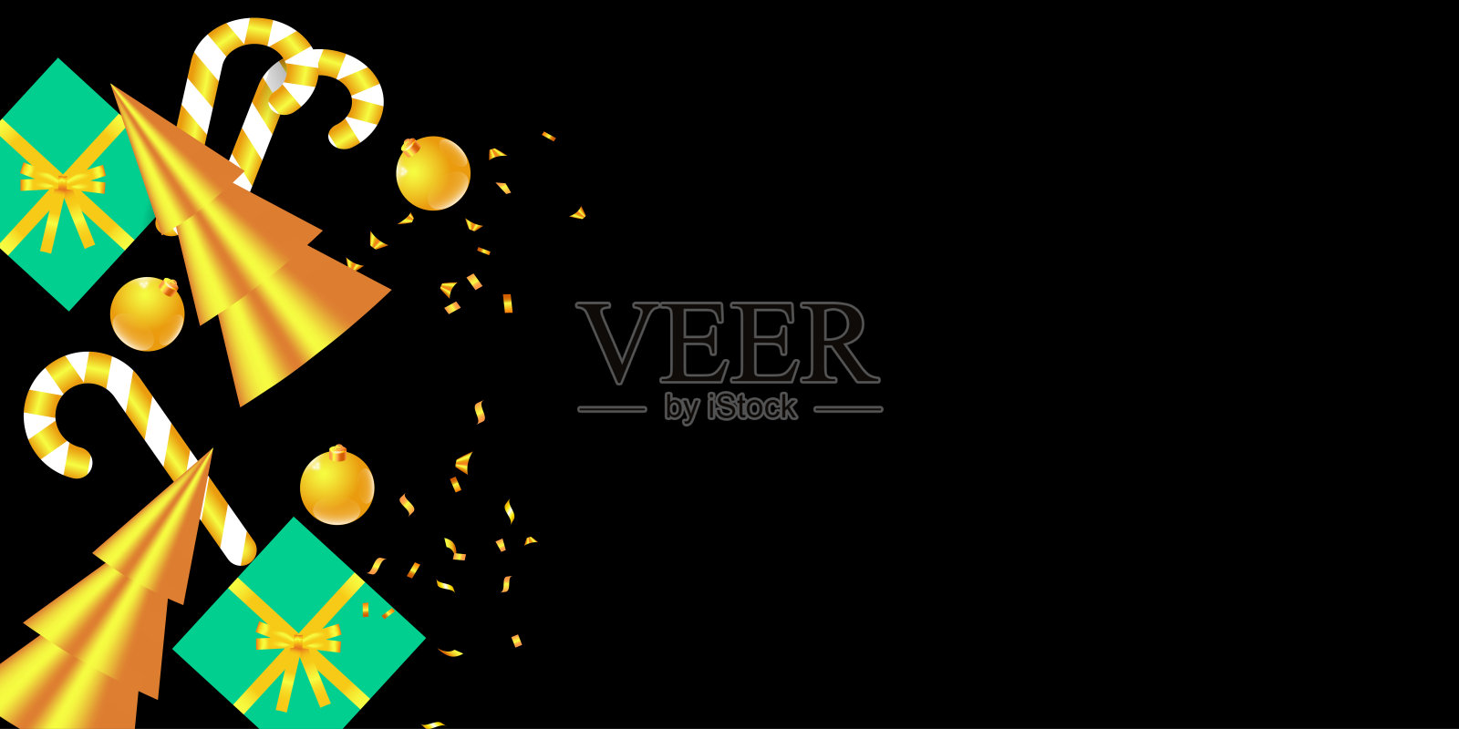 金色的圣诞树，礼品盒和拐杖糖插画图片素材