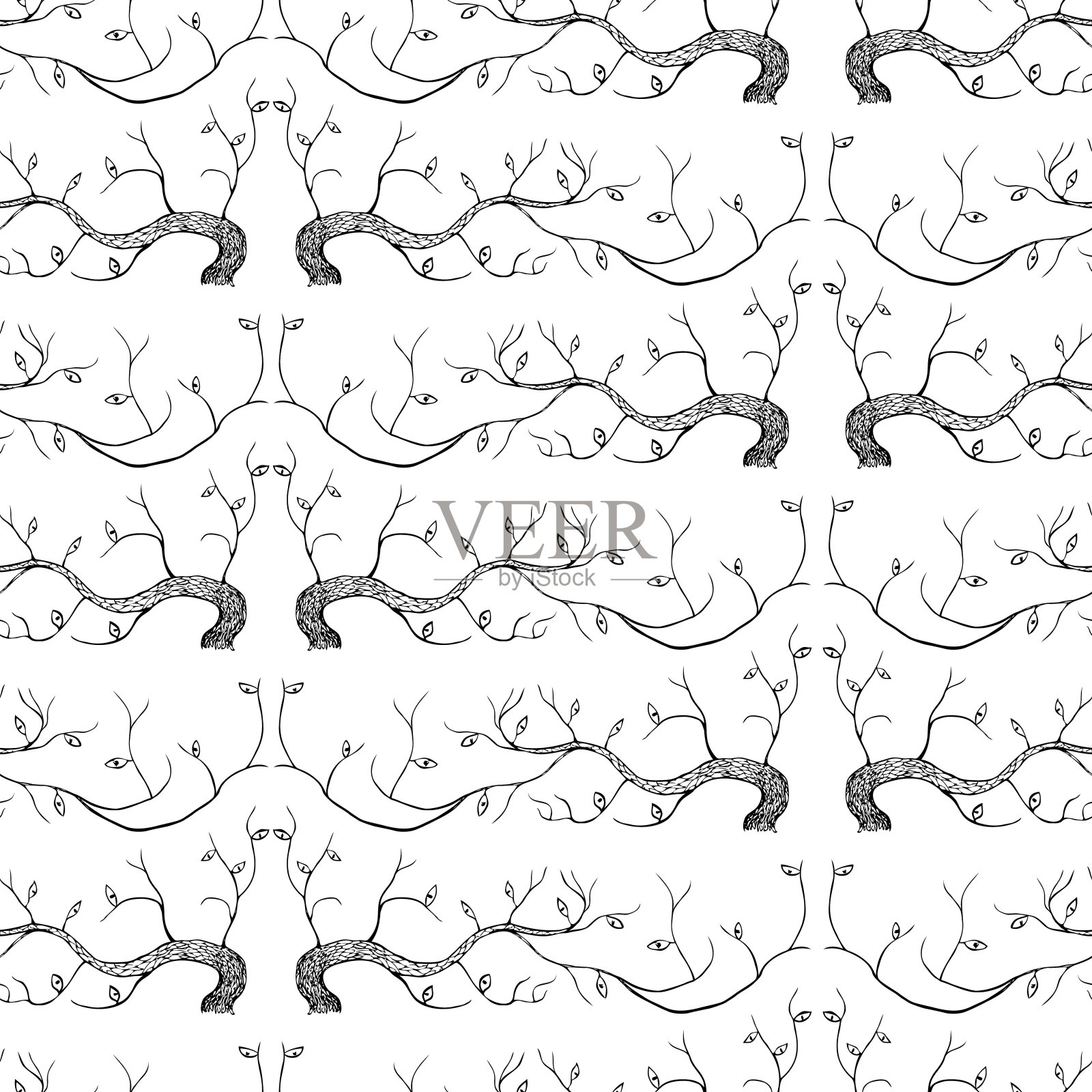 无缝图案的装饰绘制的树木插画图片素材