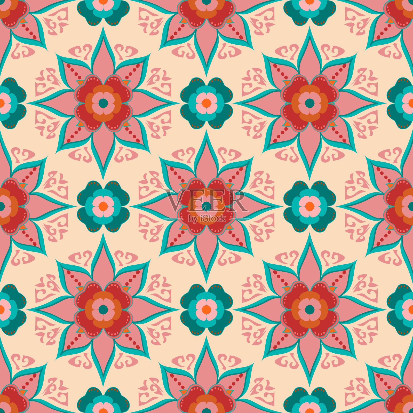 桃和蓝绿色的抽花插画图片素材