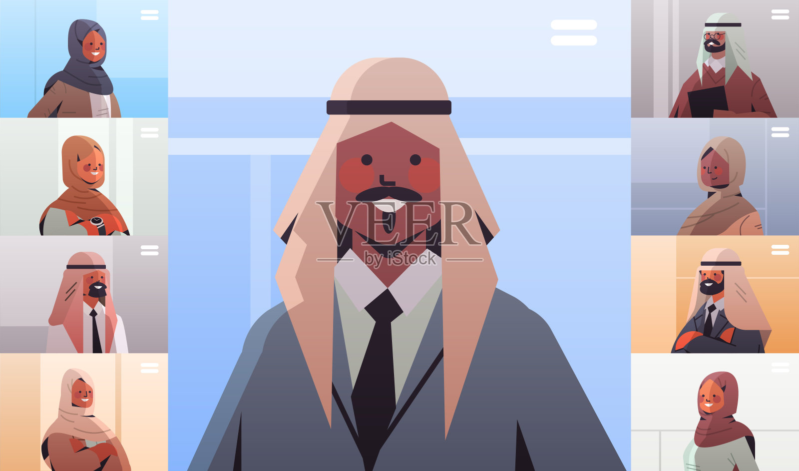 阿拉伯商人在视频通话中与阿拉伯商人在网络浏览器Windows在线会议中进行讨论插画图片素材