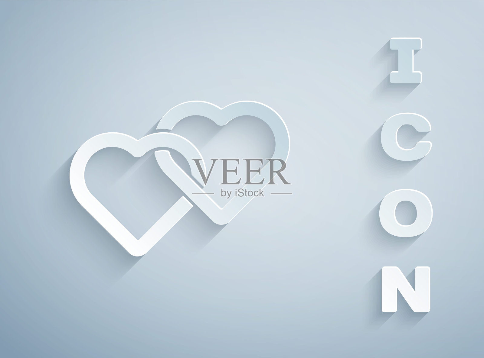 剪纸两个相连的心图标孤立在灰色的背景。浪漫象征着联系、结合、激情和婚礼。情人节的象征。纸艺术风格。向量插画图片素材