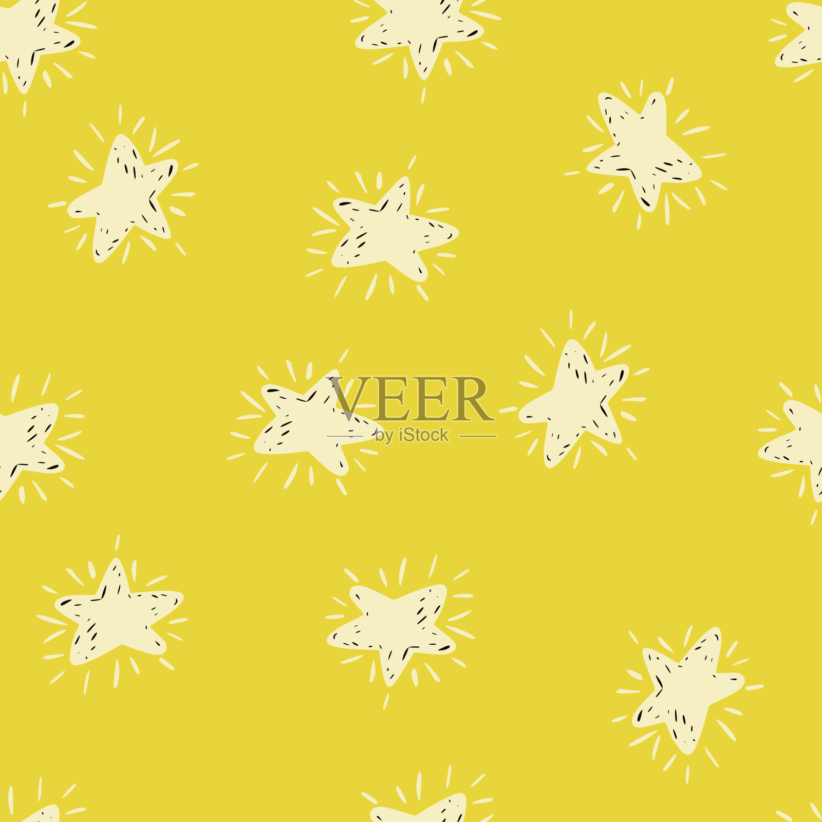白色星星轮廓无缝手绘图案。黄色背景。宇宙背景。插画图片素材