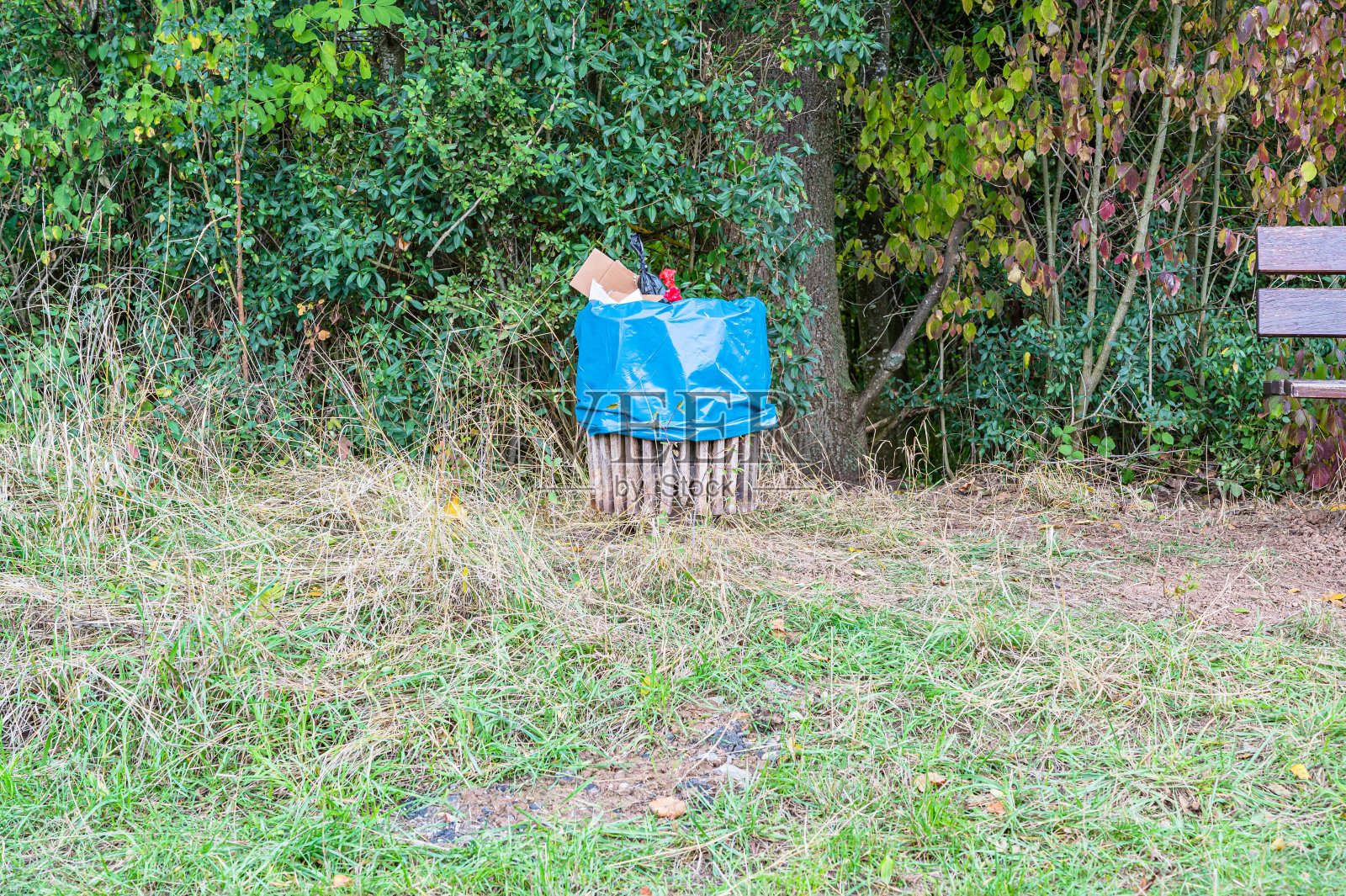 公园长椅旁边的垃圾桶照片摄影图片