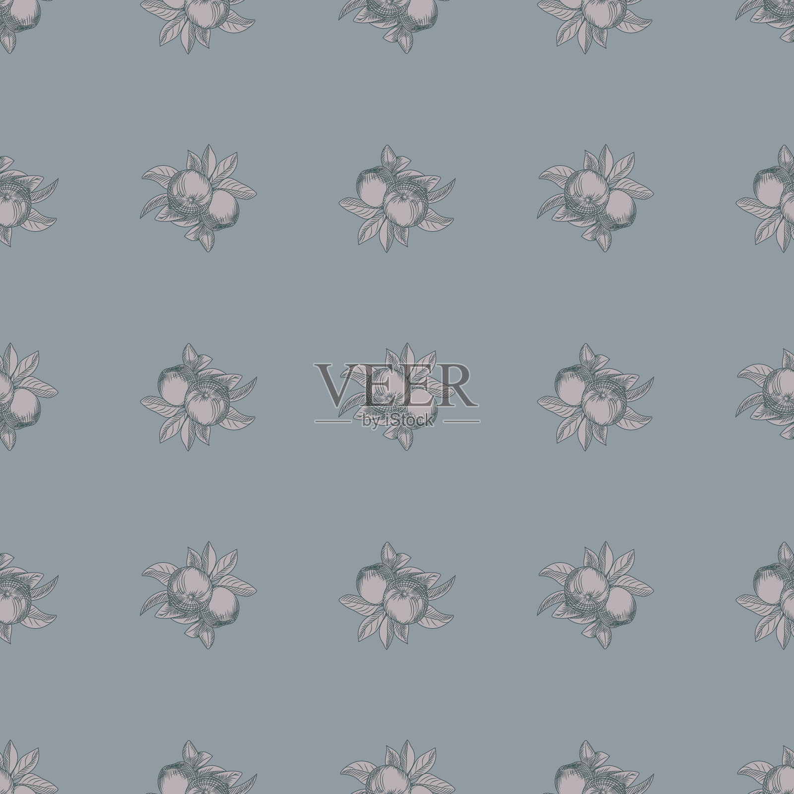 苹果无缝图案上的灰色背景。古董植物墙纸。插画图片素材