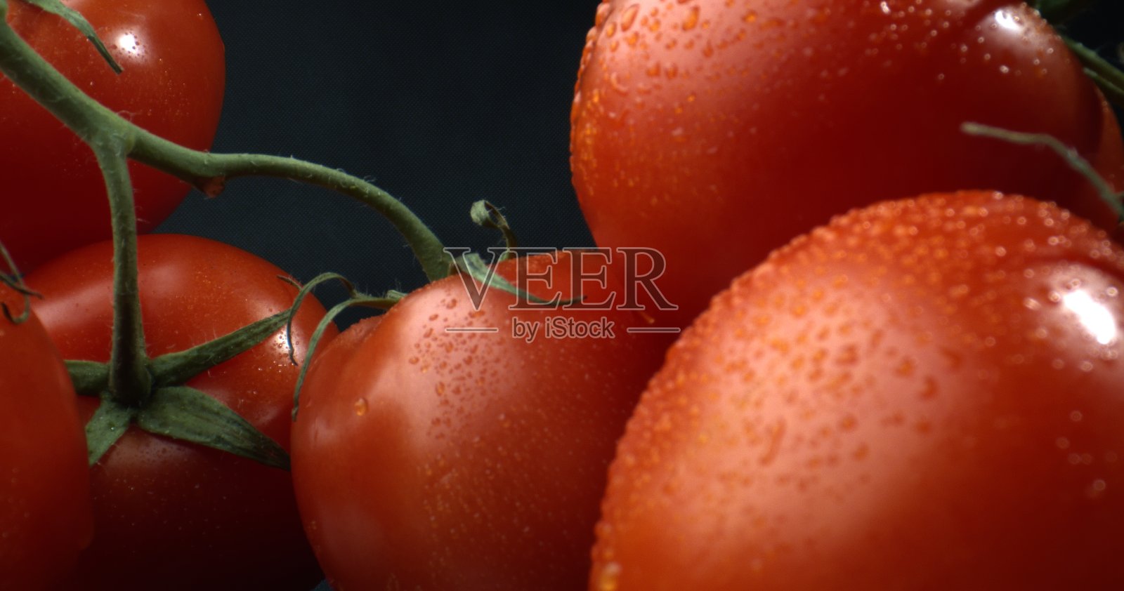 西红柿罐头。几串新鲜的西红柿。水滴在新鲜的西红柿上照片摄影图片