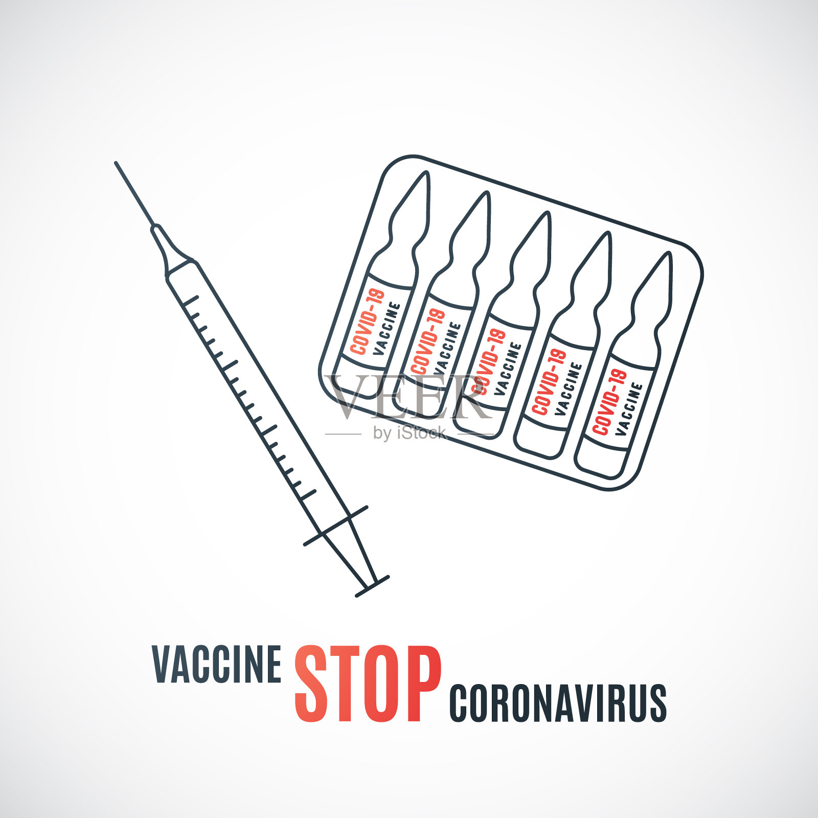 遏制Covid-19冠状病毒概念。疫苗瓶和注射器衬垫图标隔离在白色背景上。矢量图插画图片素材