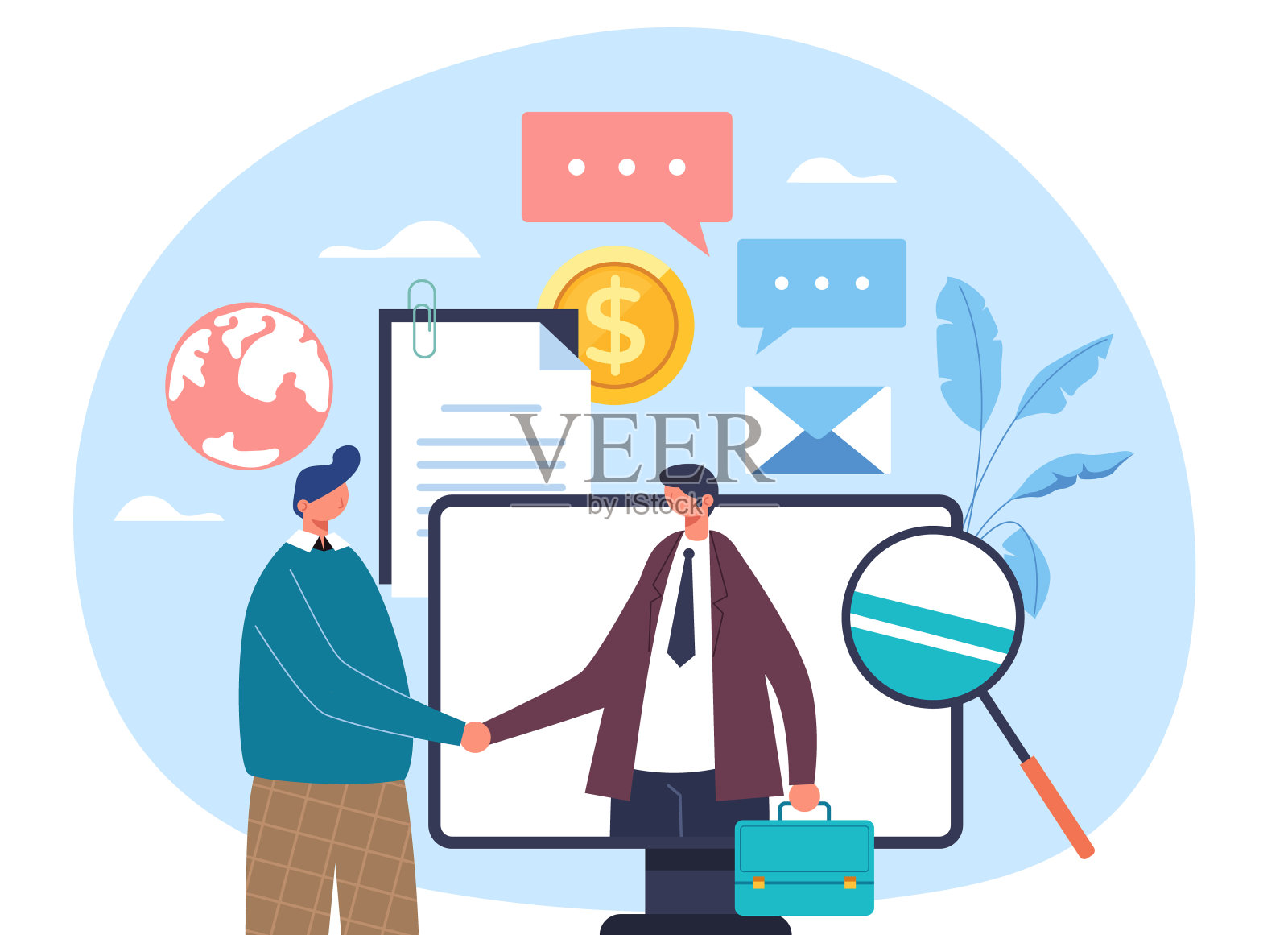 两个商人，工人，商人人物握手。互联网网上计算机商务交易协议概念。矢量平面设计插图插画图片素材