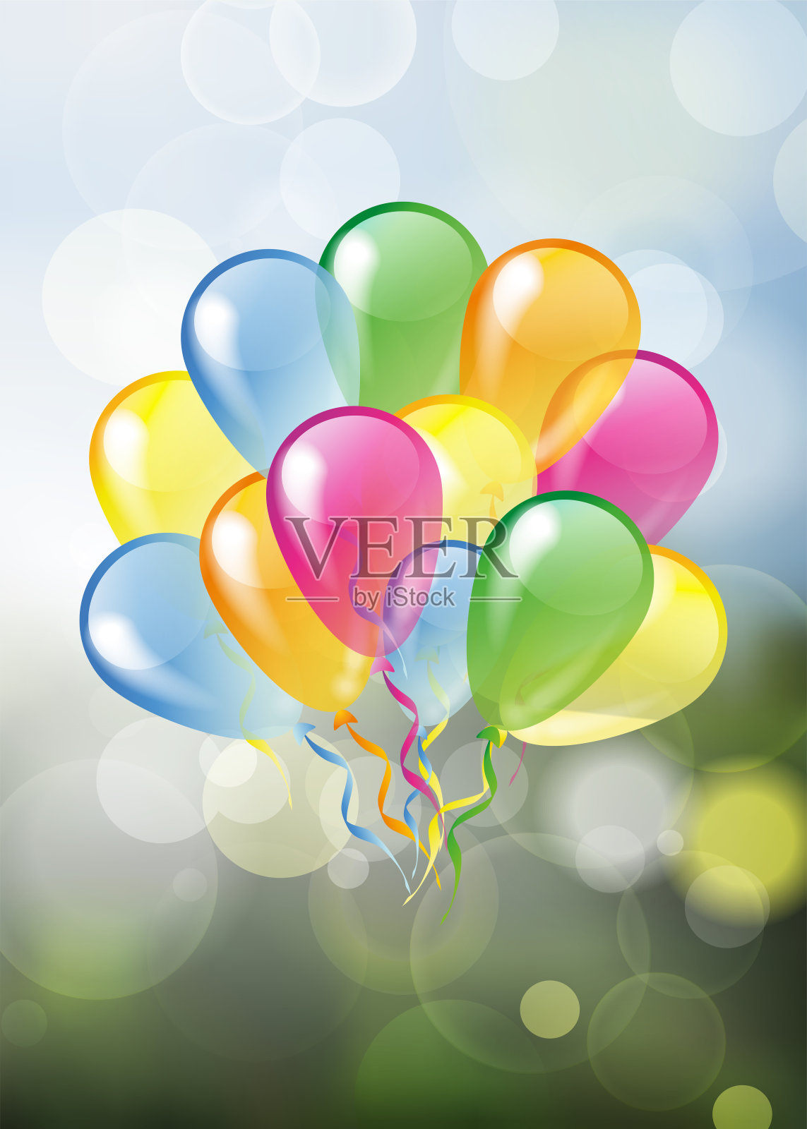 一套彩色光滑的气球上的天然泡泡泉模糊设计元素图片