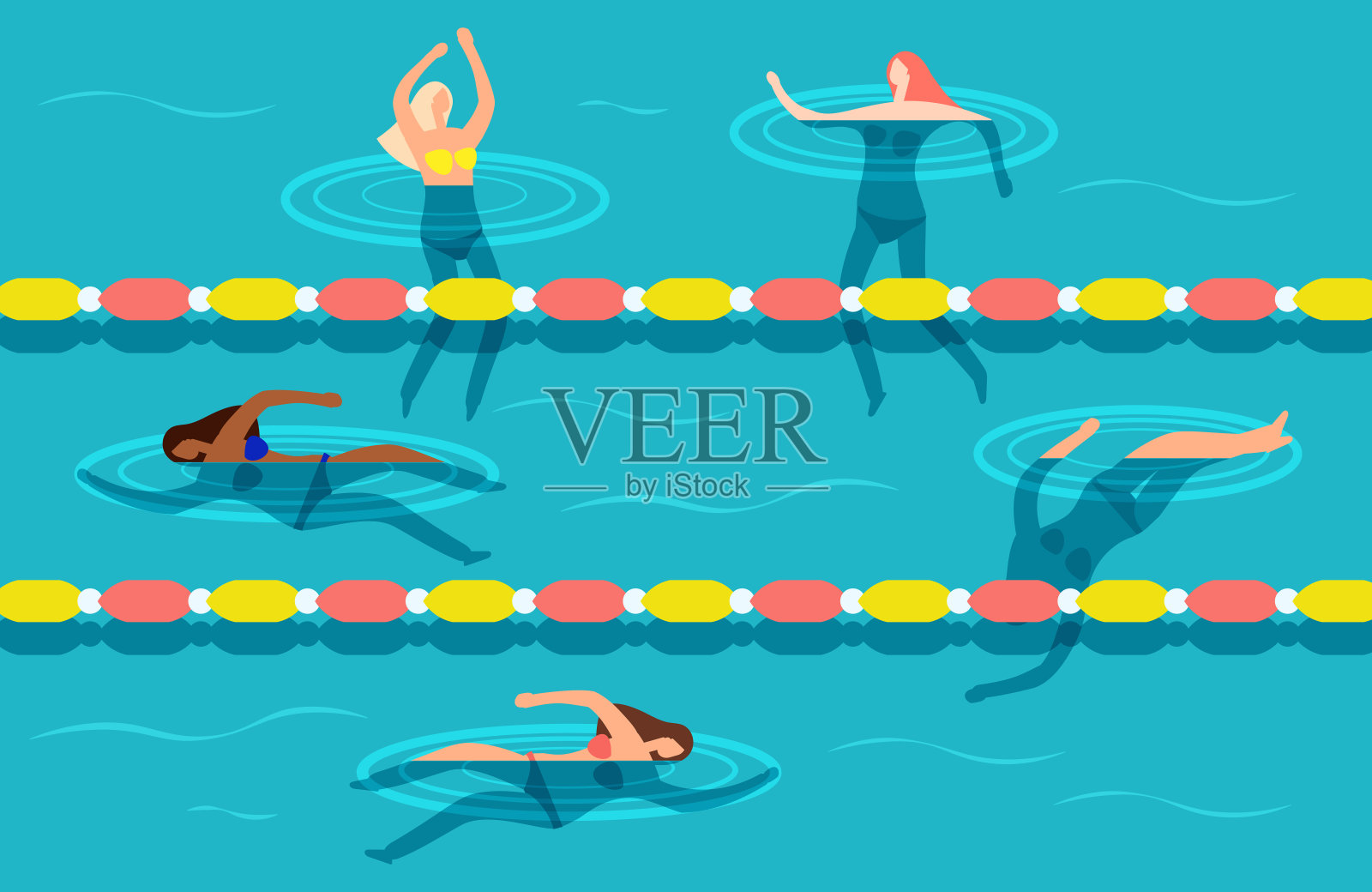一群女性在水池里游泳矢量图插画图片素材