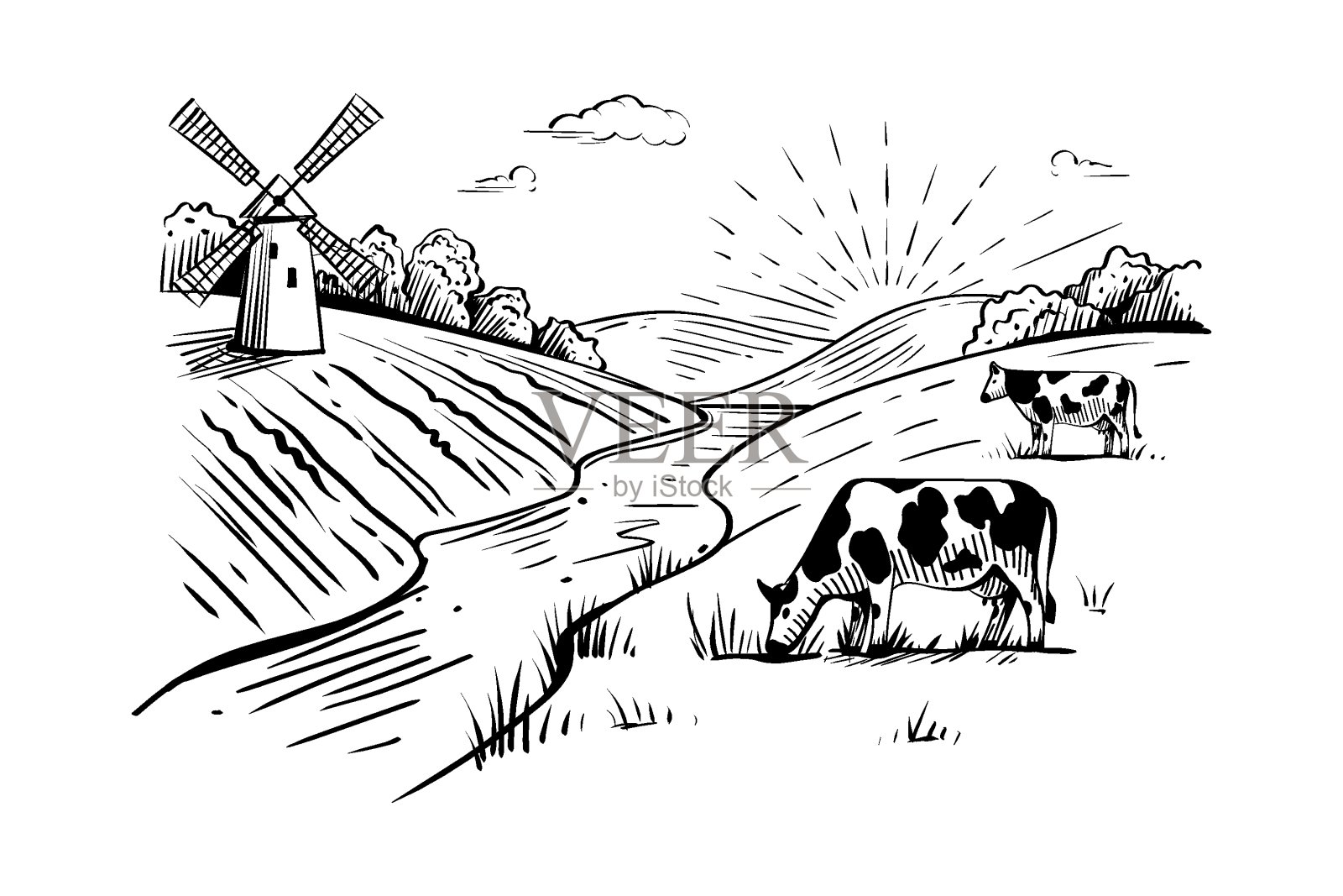 有风车、奶牛、麦田和河流的乡村景观插画图片素材