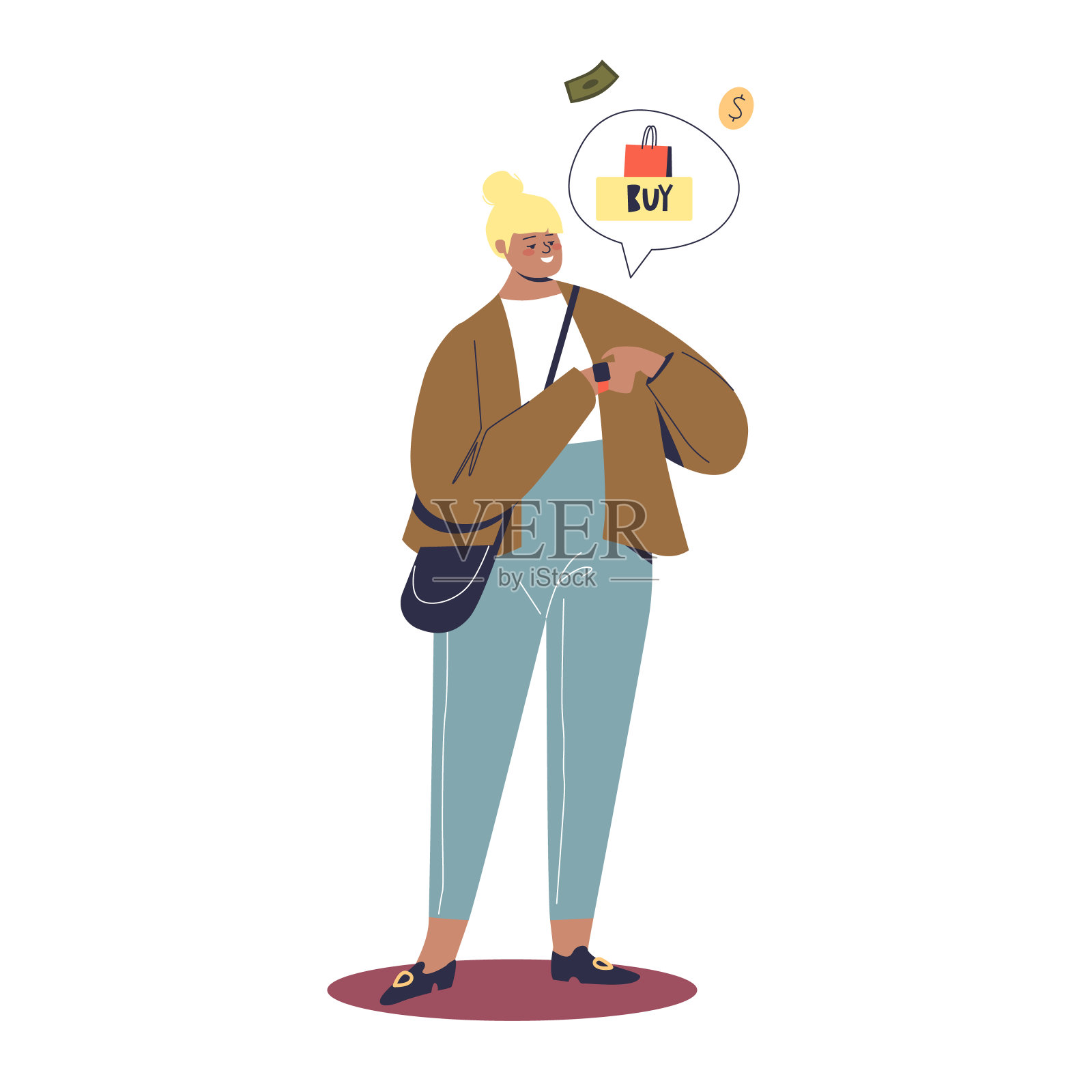 女孩用智能手表付款。智能手表网上银行应用插画图片素材