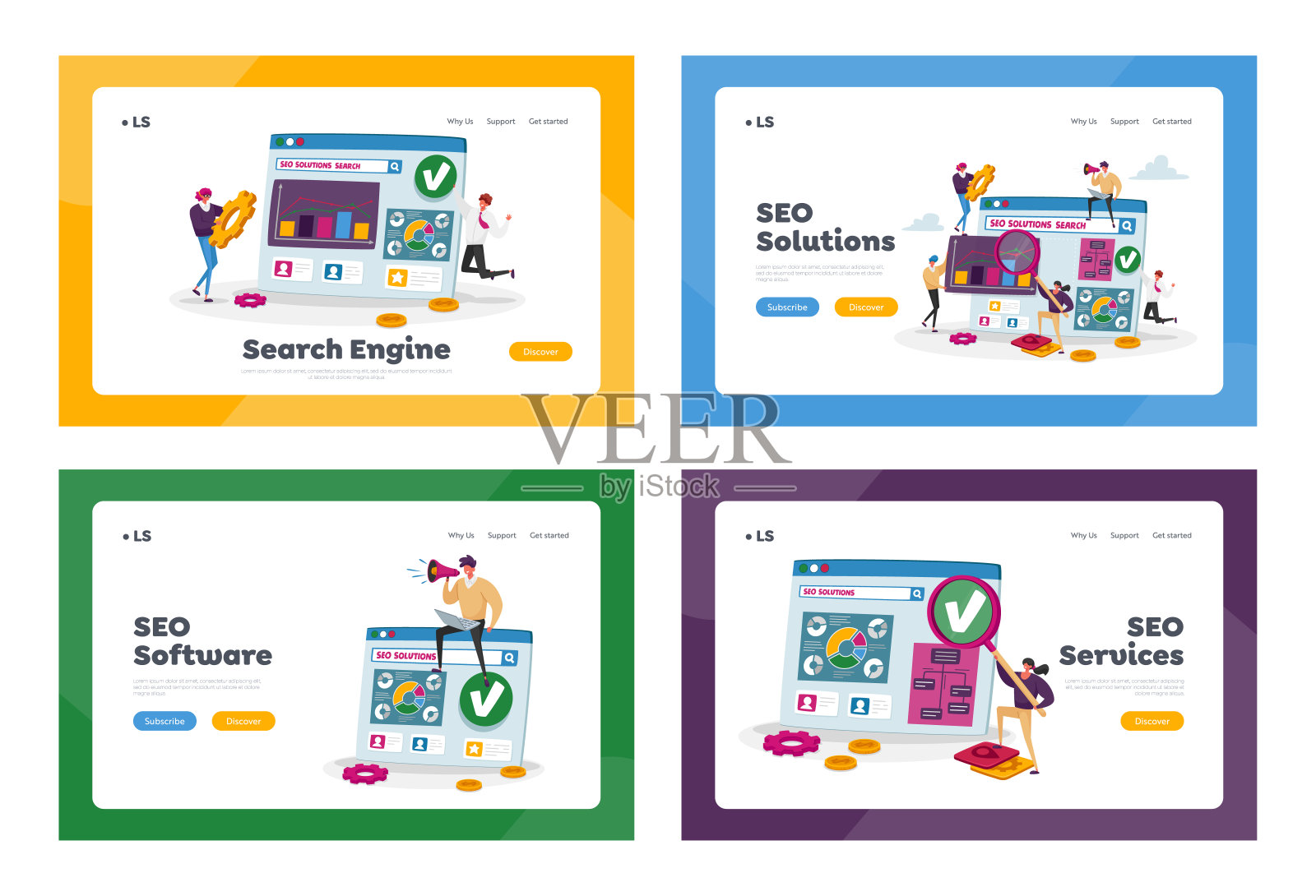 Seo解决方案，商业数据分析登陆页面模板集。小角色研究，营销策略，分析插画图片素材