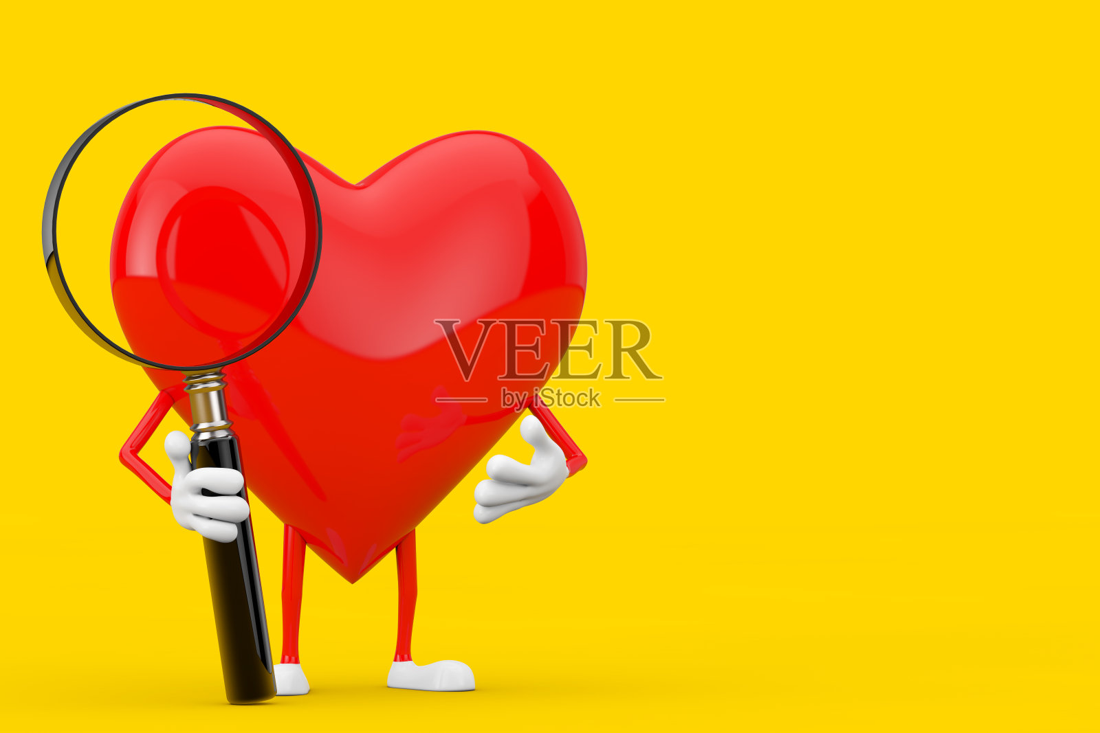 红心人物吉祥物与放大镜。3d渲染照片摄影图片