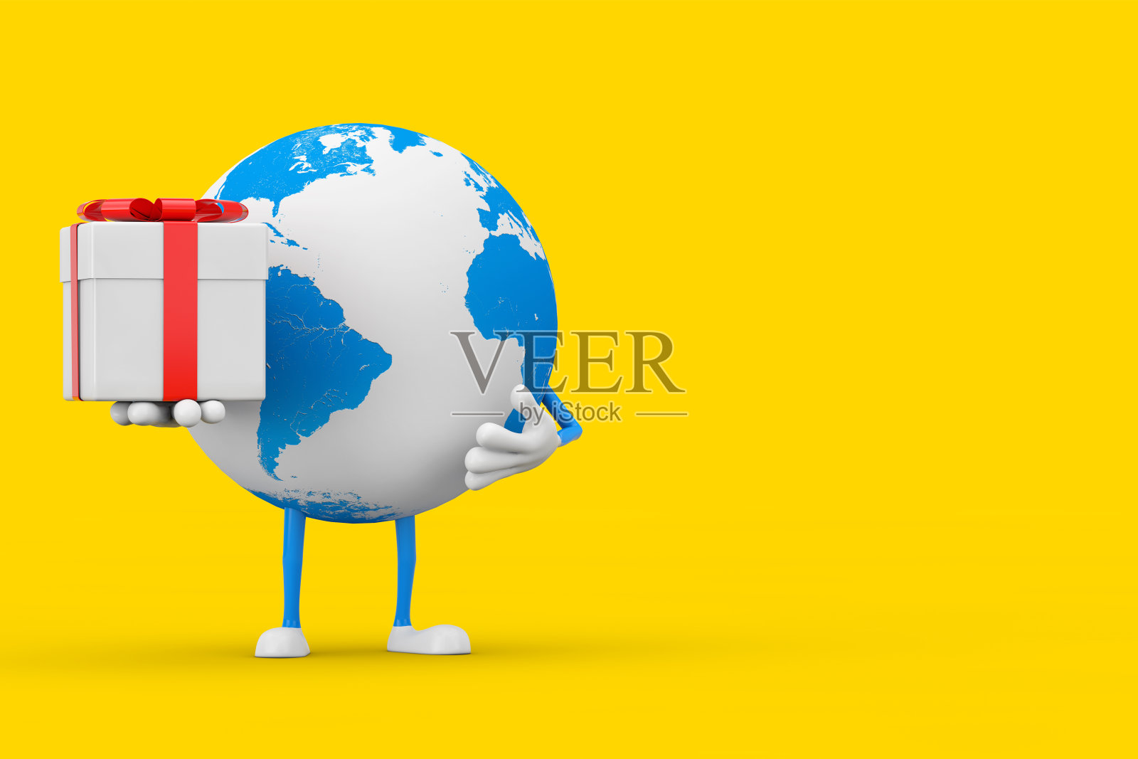 地球人物吉祥物与礼盒和红丝带。3d渲染照片摄影图片