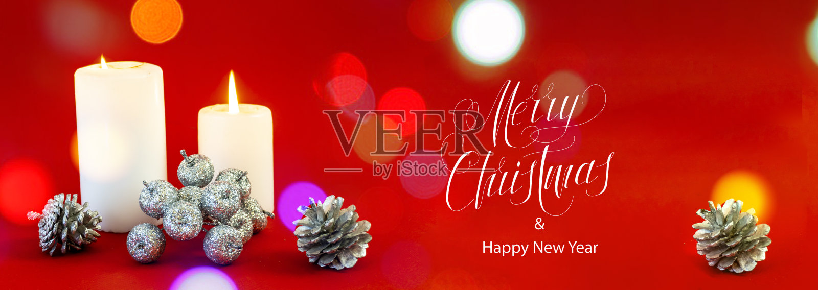 新年快乐，圣诞快乐!卡片，横幅，平躺，文字-圣诞快乐，在红色的背景照片摄影图片