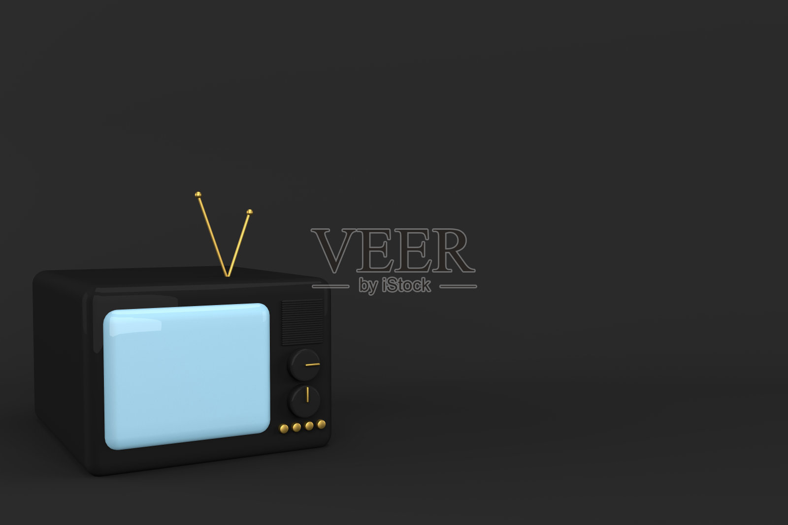 旧电视的3d渲染。黑色背景、蓝色屏幕的黑色卡通电视。简约奢华的概念。照片摄影图片