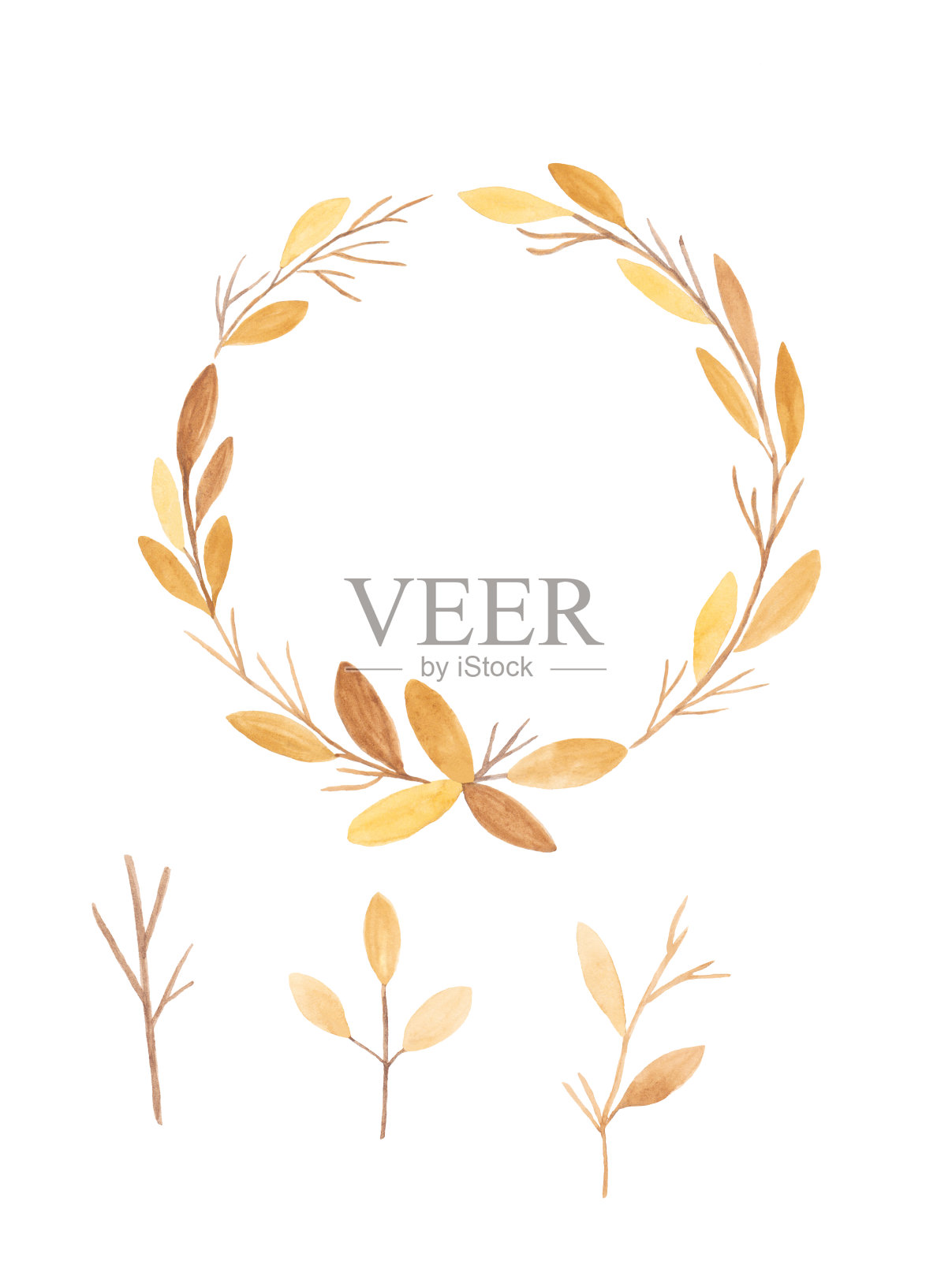 水彩插图，一套手绘秋天，秋天的花圈水彩风格孤立在白色的背景，邀请和贺卡艺术设计背景插画图片素材