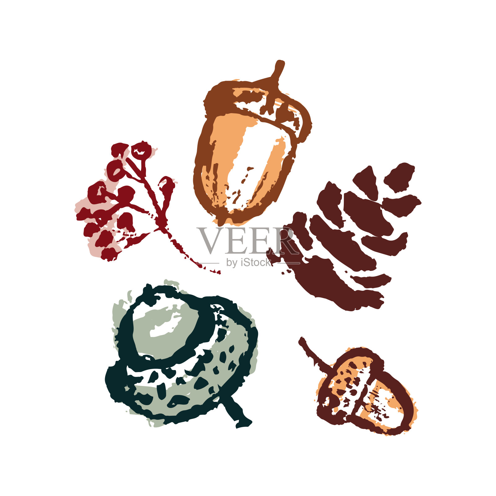 手绘秋天的抽象元素。暖色调，树叶、蘑菇、球果、浆果的时尚组合。秋天的心情，舒适的秋天，简约的设计。插画图片素材