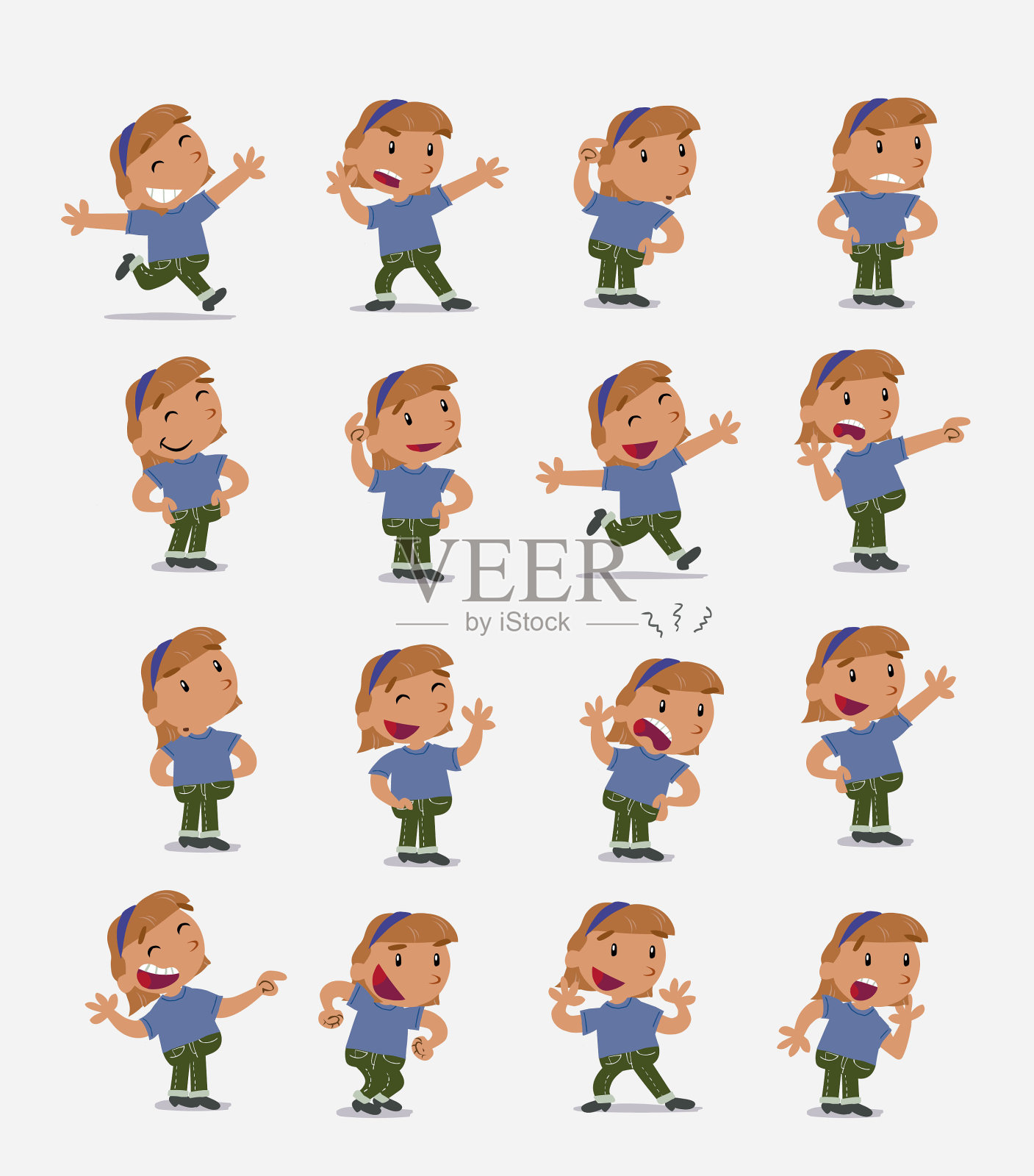 卡通人物白色小女孩。设置不同的姿势、态度和姿势，在孤立的矢量插图中做不同的活动插画图片素材