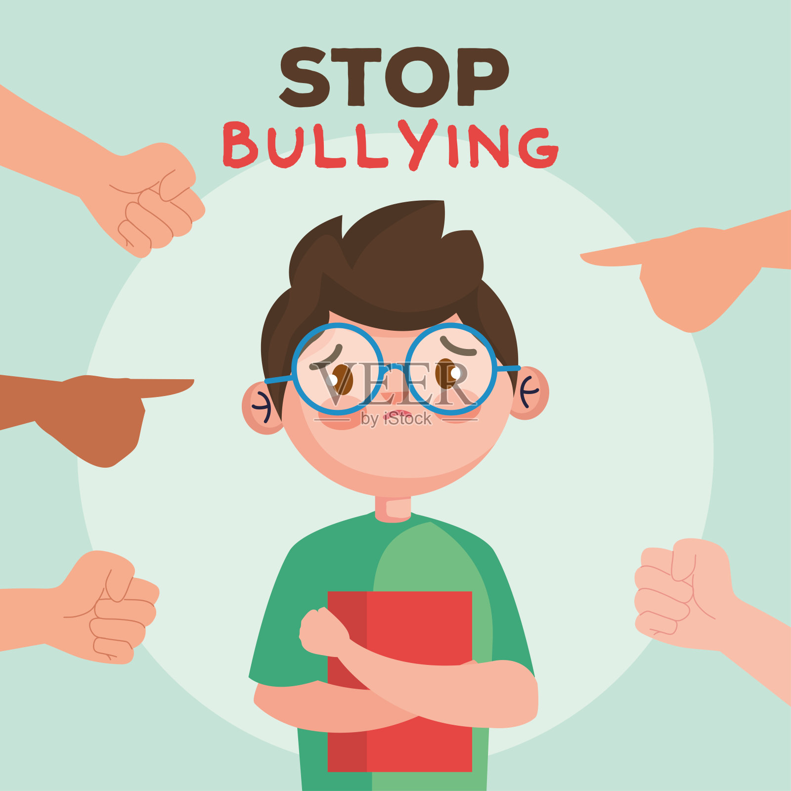 停止欺凌和指向悲伤的男孩与书向量设计的孩子插画图片素材