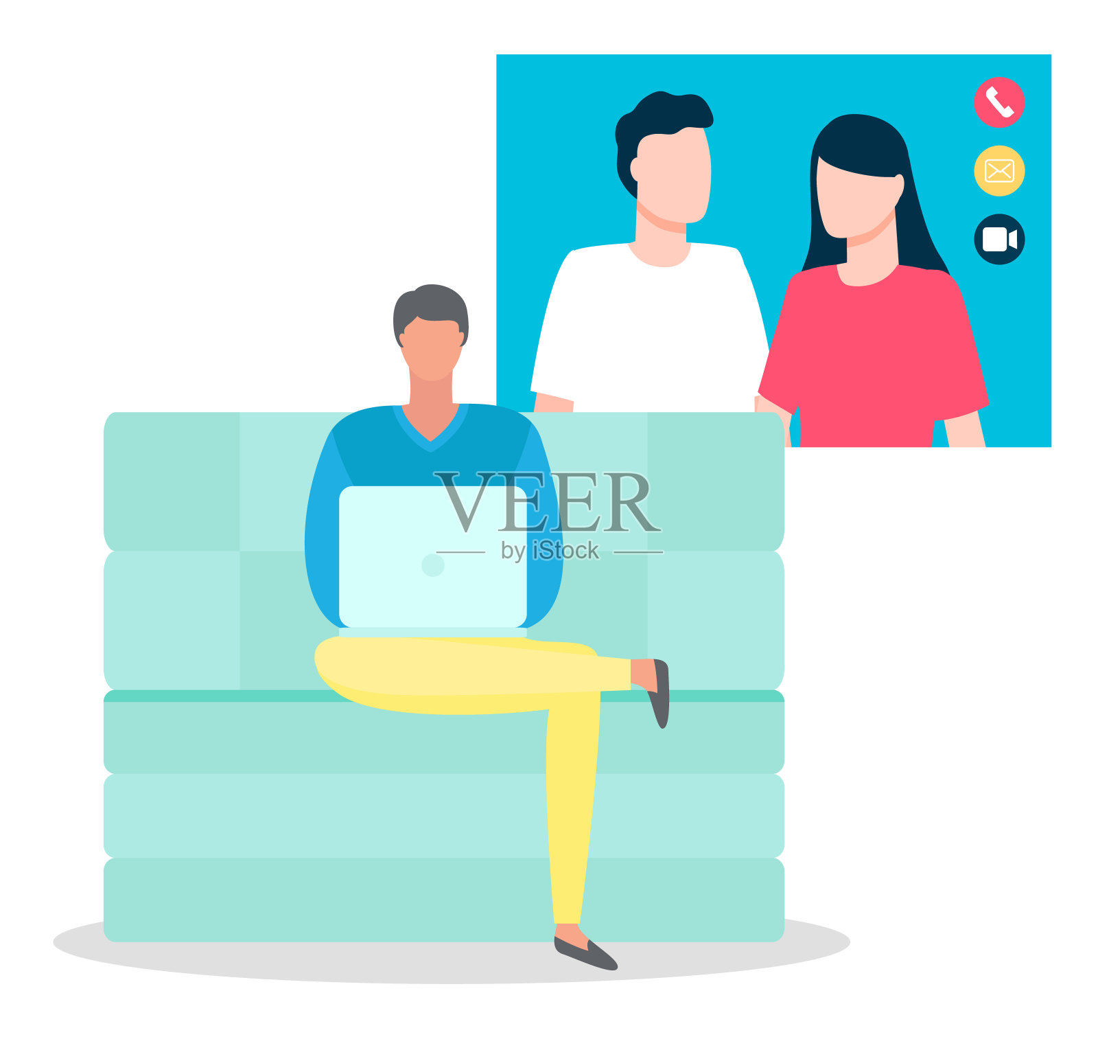 视频通话，沙发上拿着笔记本电脑的男人，自由职业者插画图片素材