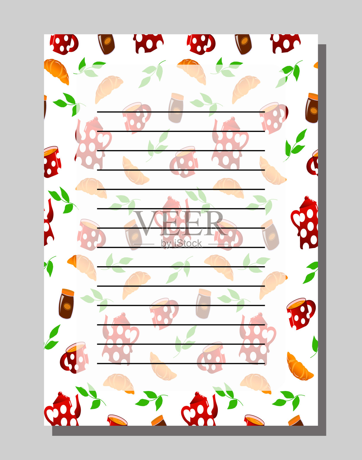 背景插图茶壶，杯子，羊角面包和巧克力。插画图片素材